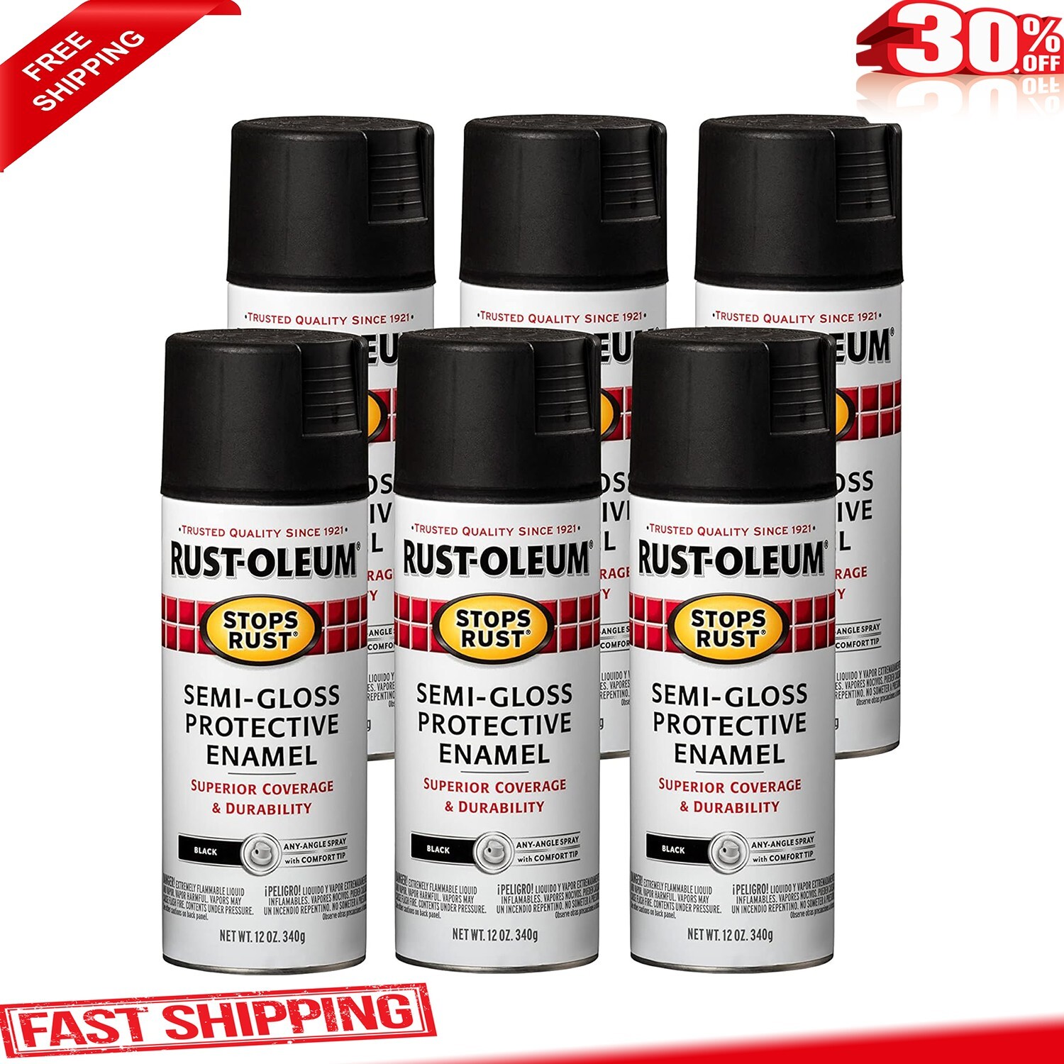 Rust-Oleum Stops Rust Spray Paint, Semi-Gloss Black, 12 Ounce (Pack of 6)