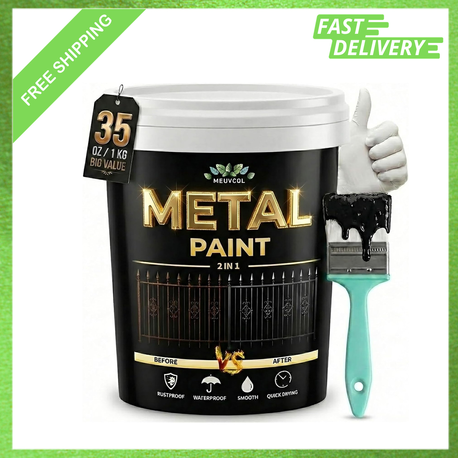 Metal Paint, Rust Preventive Coating, 35 Fl Oz, Black, Indoor Outdoor Metal