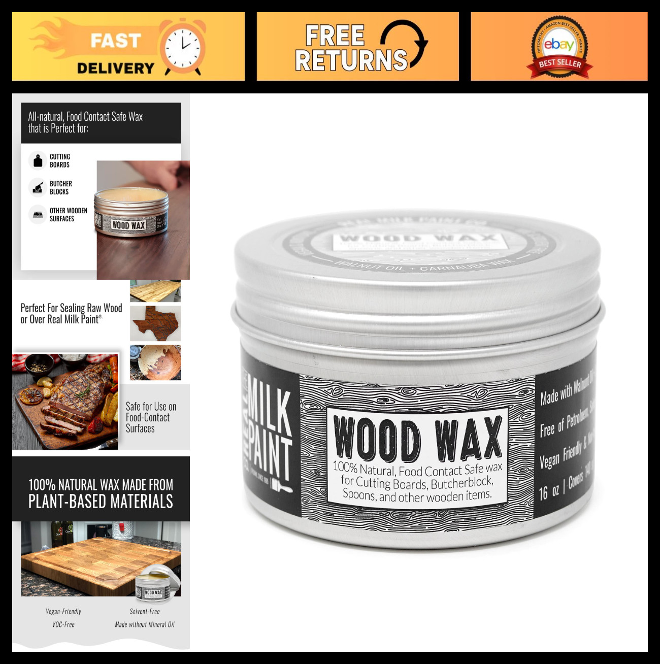 Wood Wax for Finishing Unfinished Furniture, Cutting Boards, Food Grade Vegan 16