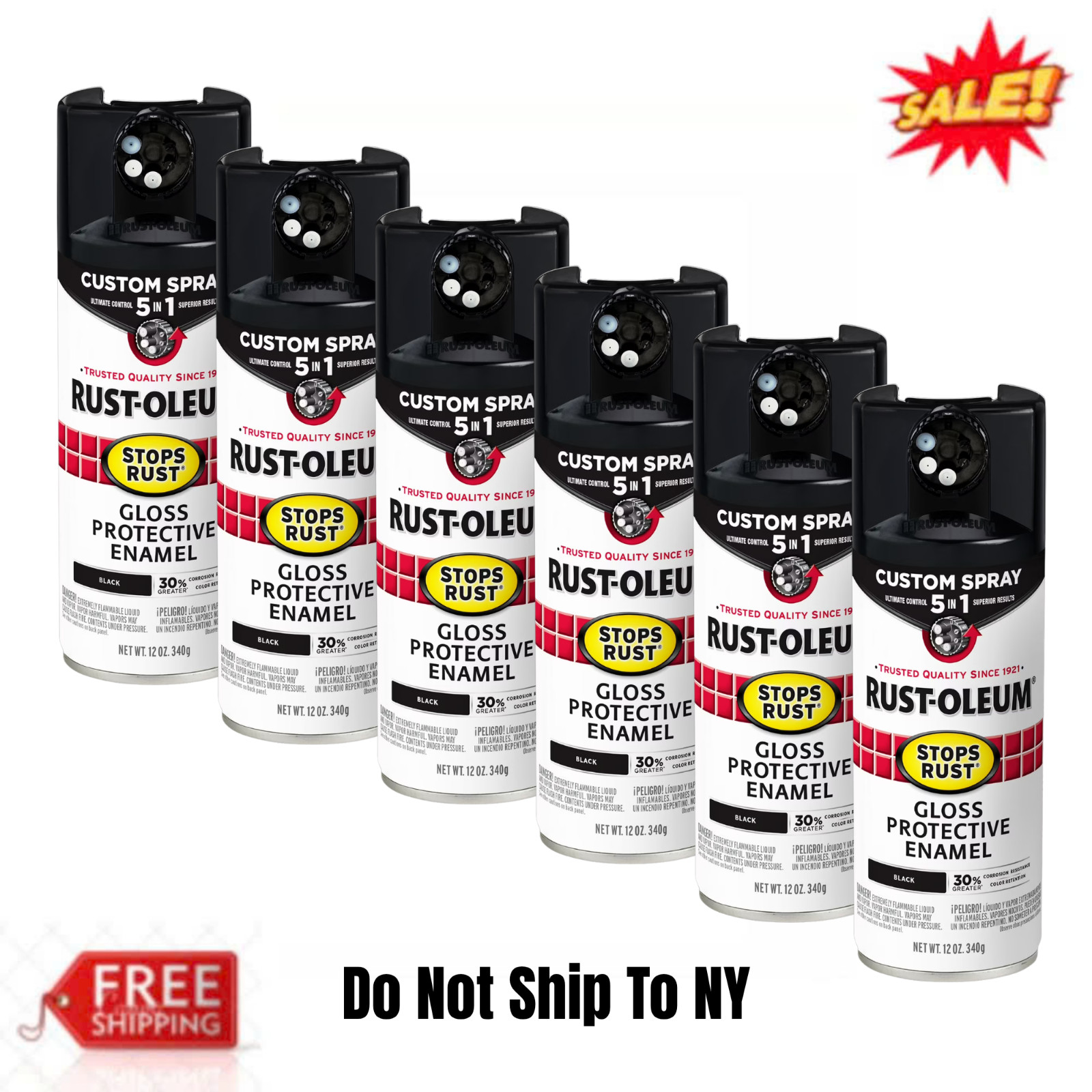 (6 Pack) Rust-Oleum Stops Rust 5-in-1 Gloss Black Spray Paint Custom Spray 12 oz