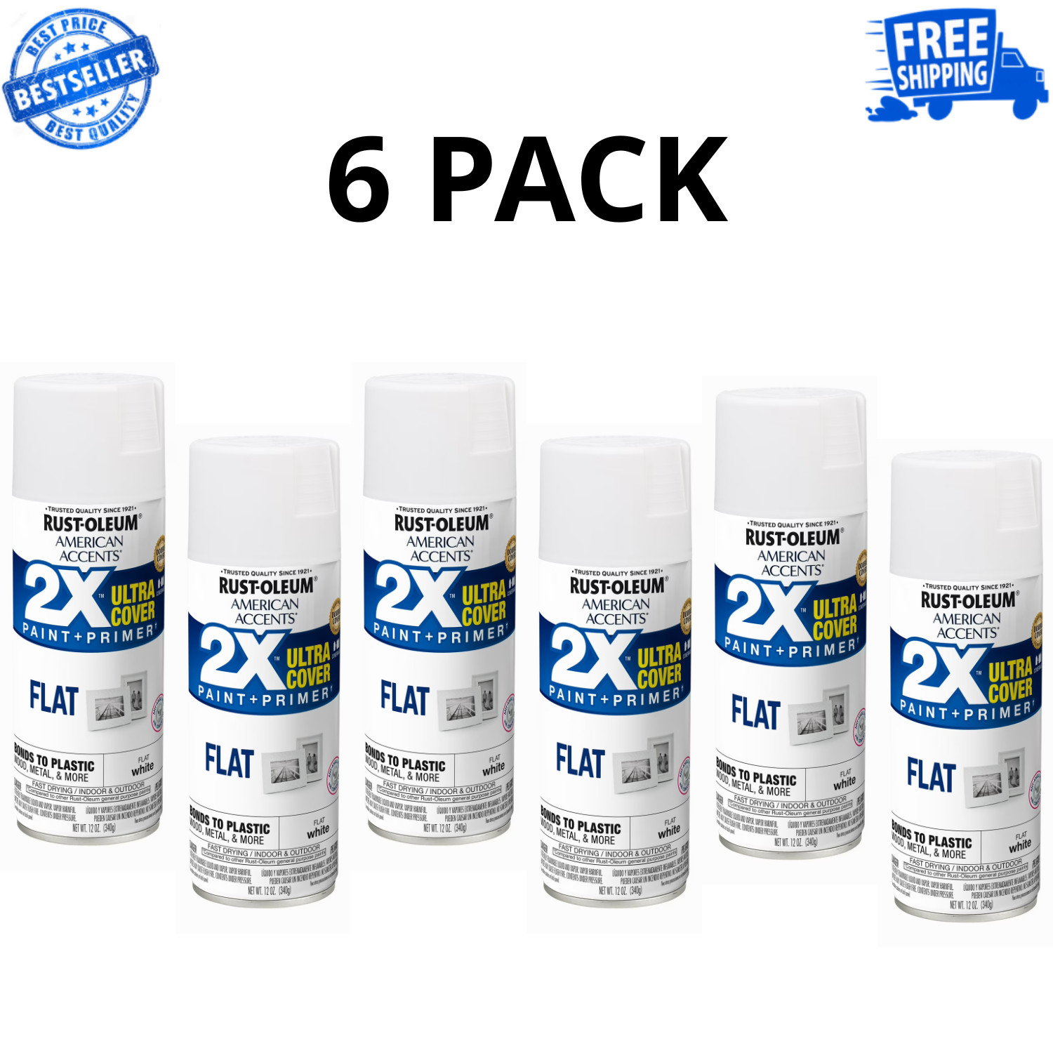 Rust-Oleum American Accents 2X Ultra Cover Flat White Spray Paint 12oz, 6 Pack