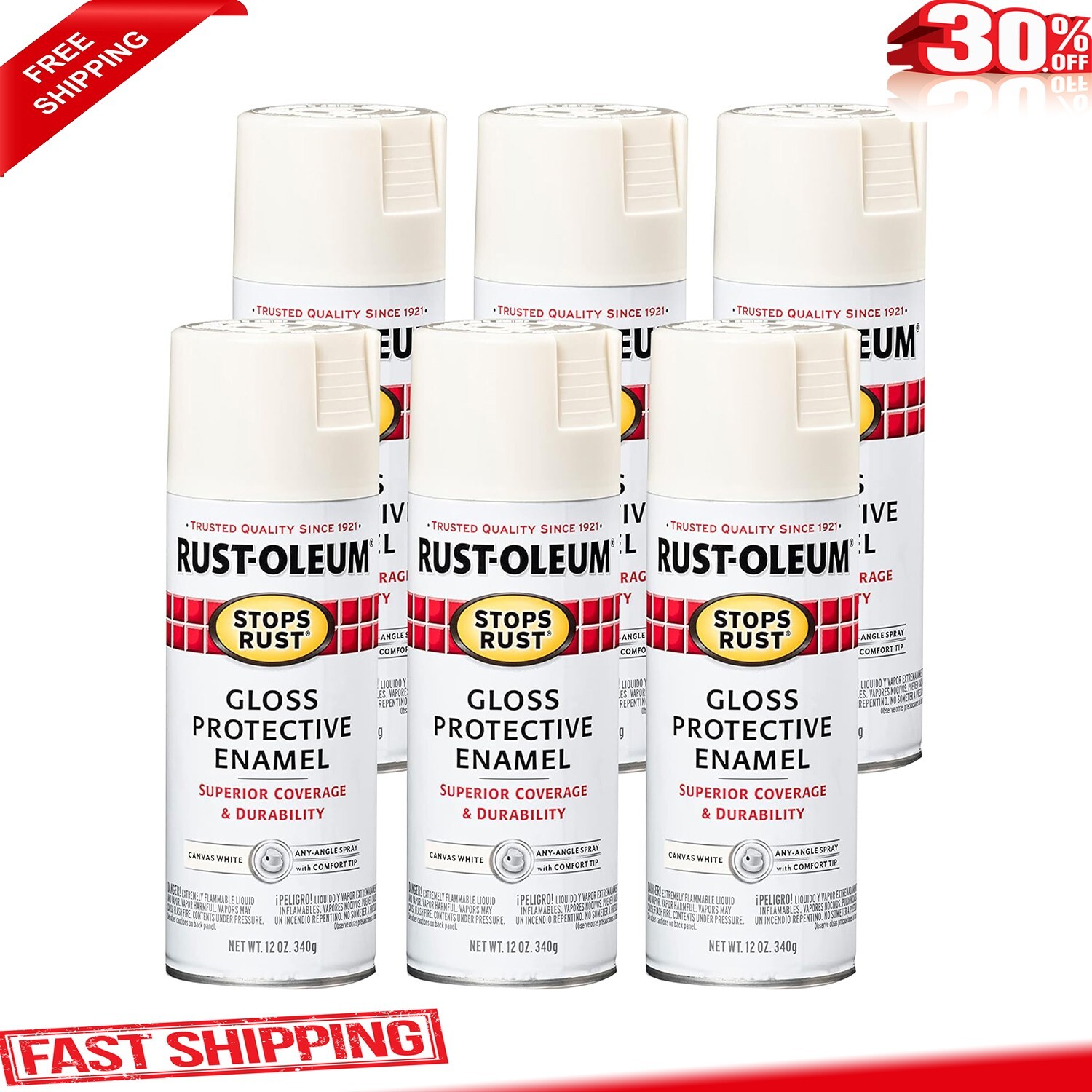 Rust-Oleum 7789830-6PK Stops Rust Spray Paint, 12 oz, Gloss Canvas White, 6 Pack