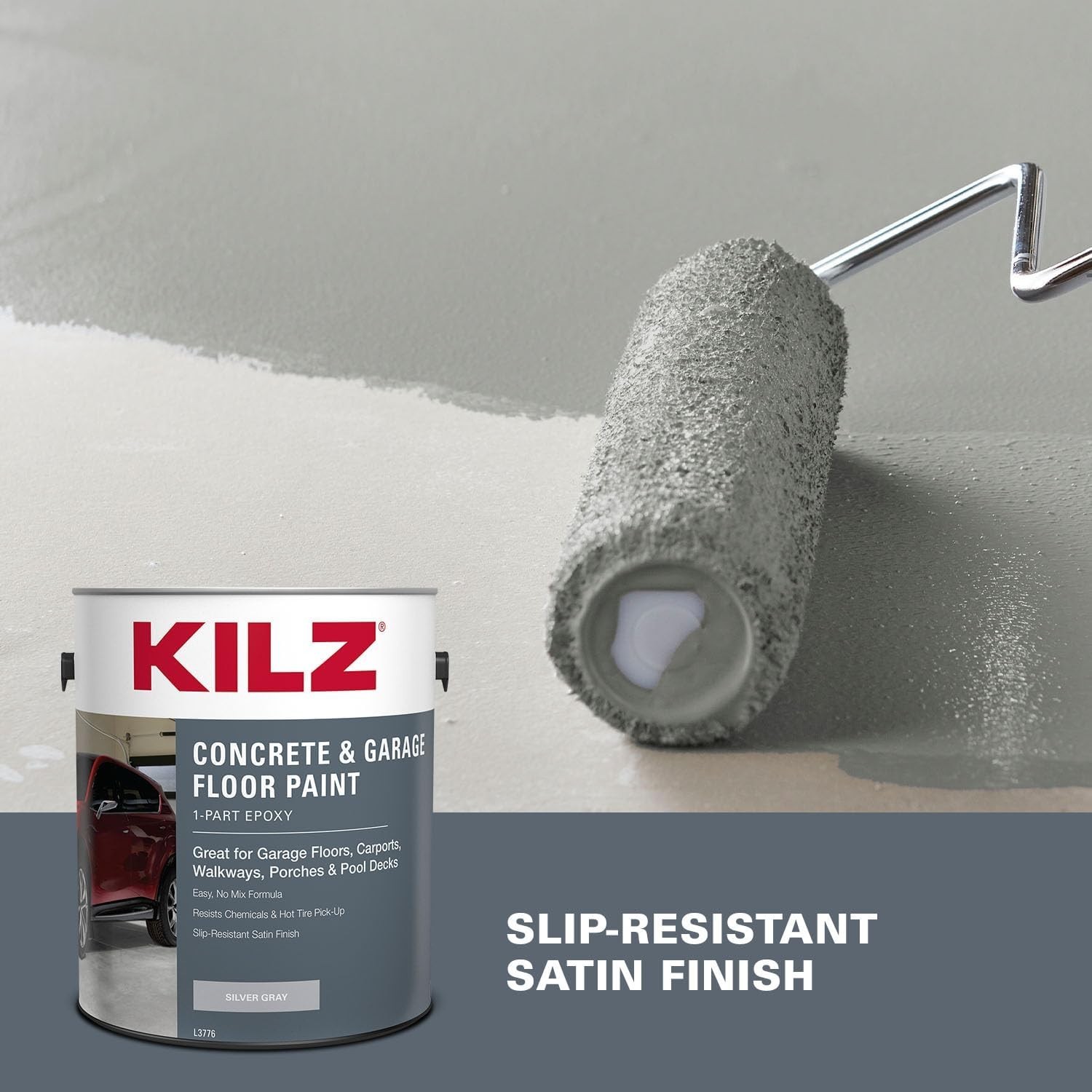 Stylish Silver Gray Satin Epoxy Concrete Paint for Indoor/Outdoor Use, 1 Gallon