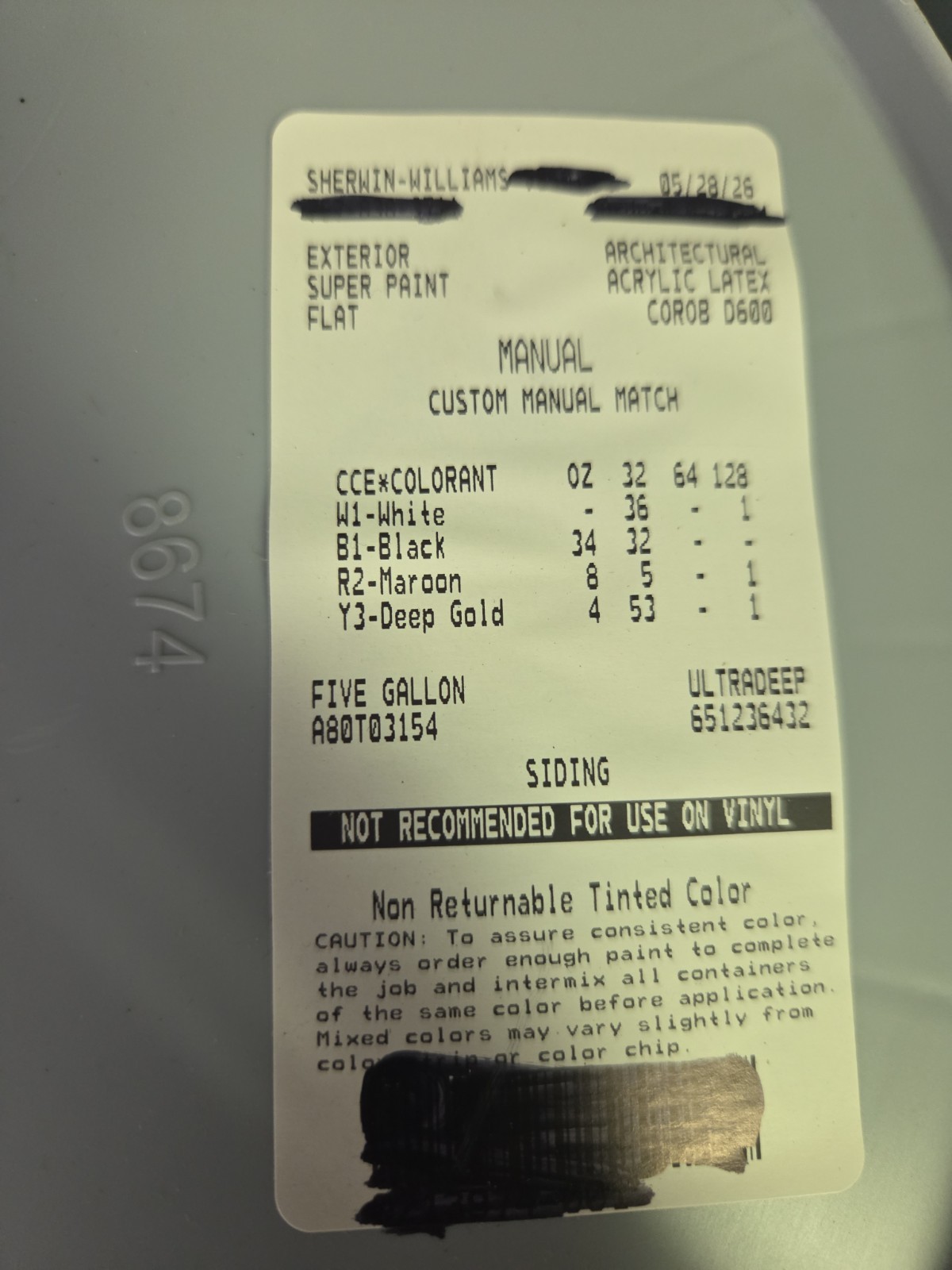 5 Gallon Sherwin William’s SuperPaint Exterior Satin Color 6069 French Roast