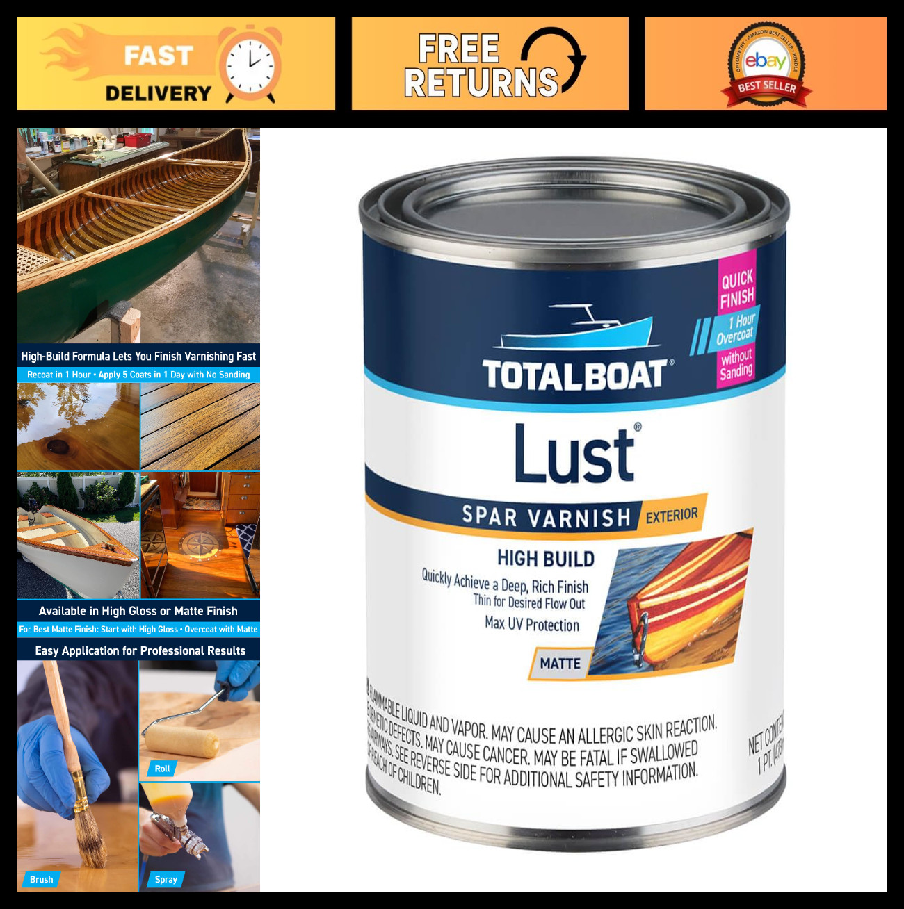 High Gloss & Matte Marine Varnish for Wood, Boats, Outdoor Furniture – Pint Size