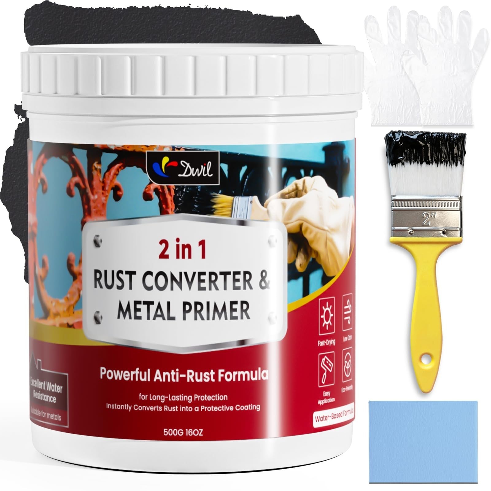DWIL Rust Converter Paint & Primer, 32 oz, Black, Fast-Drying, Low VOC