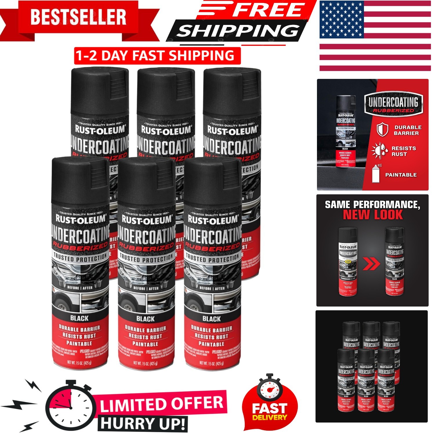 Rust-Oleum 248914-6PK Stops Rust Truck Bed Coating Spray Paint, 15 oz, Black, 6