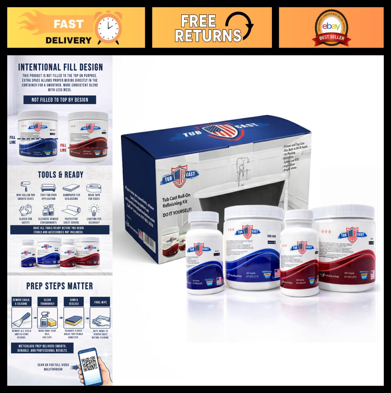 DIY Bathtub Refinishing Kit – Primer & Top Coat for Porcelain, Fiberglass, Cast
