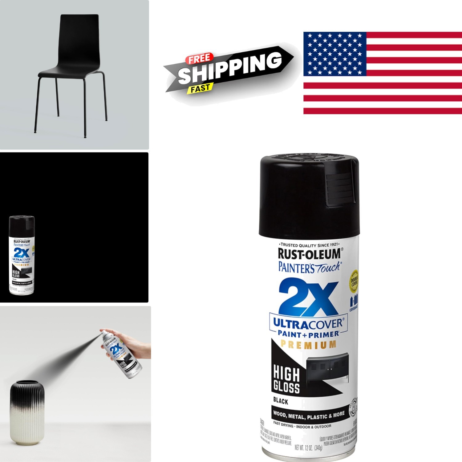 High Gloss Black Aerosol Spray Paint 12 Ounce Water Resistant Interior Exterior