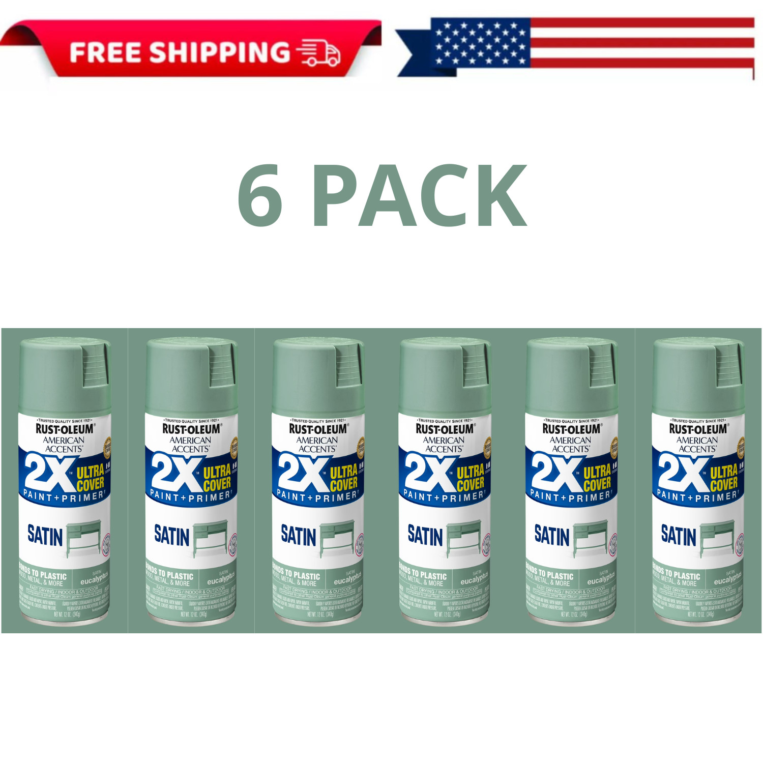 Rust-Oleum 2X Ultra Cover Satin Eucalyptus Spray Paint 12 oz, 6 Pack