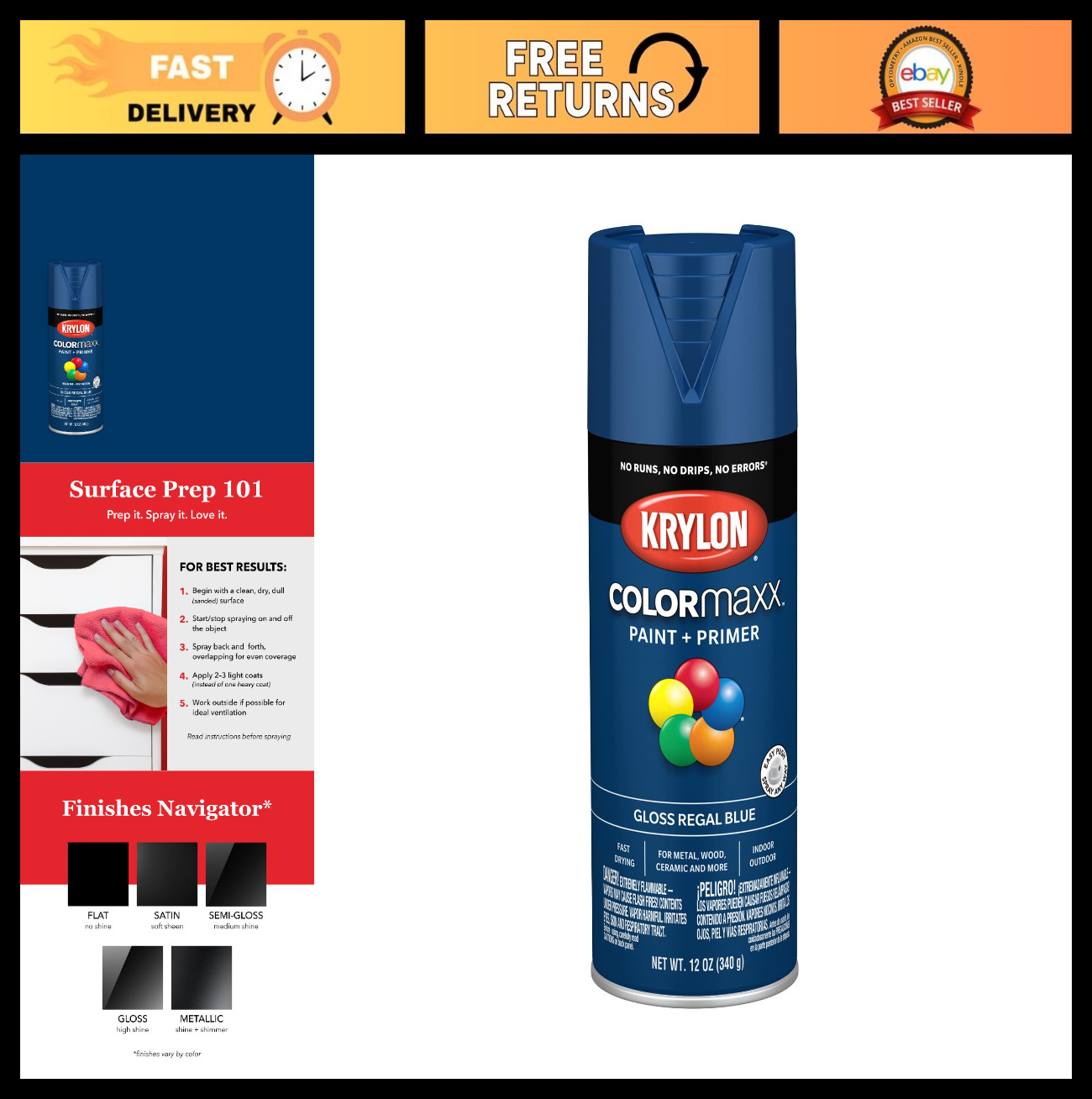 Gloss Spray Paint 12 Oz. – Regal Blue, High-Quality Finish, Quick Drying, Indoor
