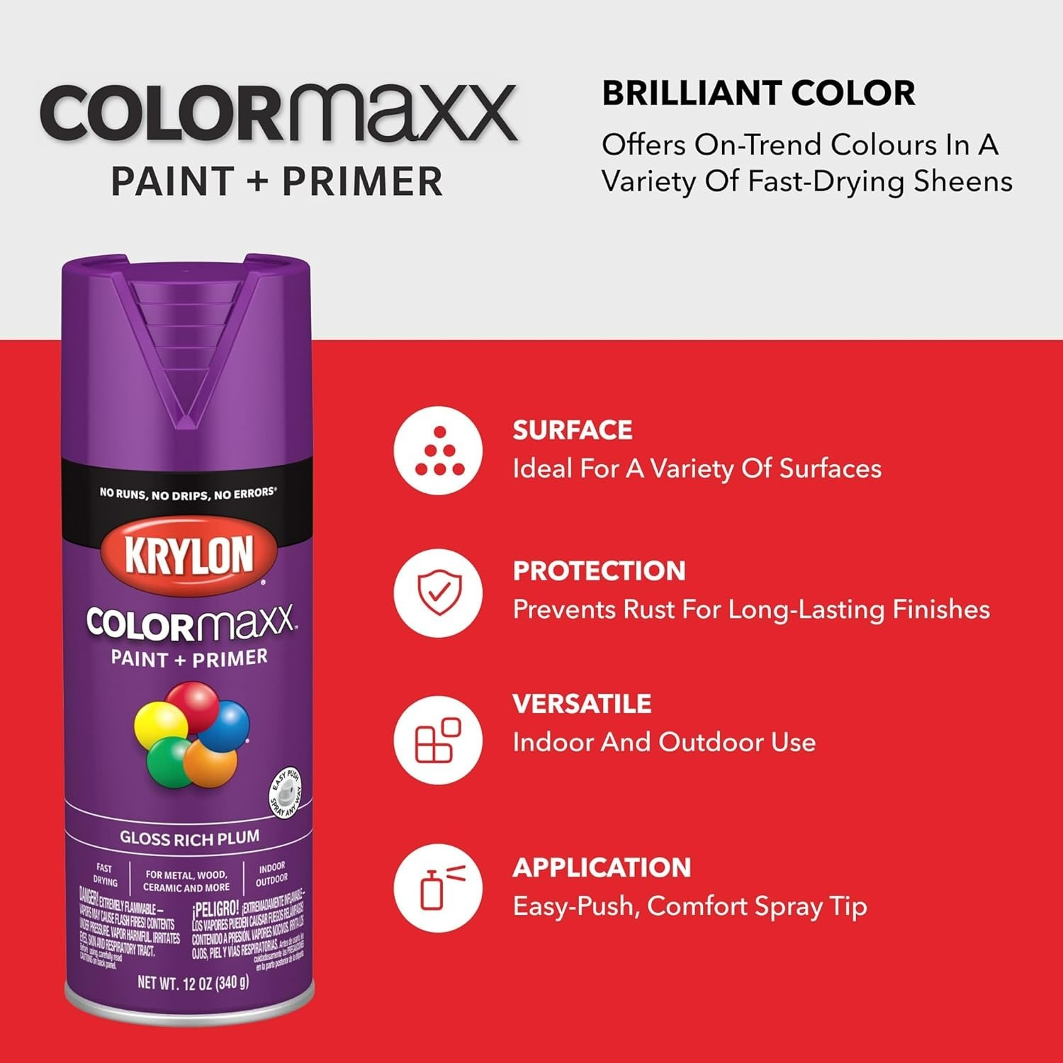 Krylon Colormaxx Gloss Rich Plum – Quick-Dry Spray Paint & Excellent Adhesion