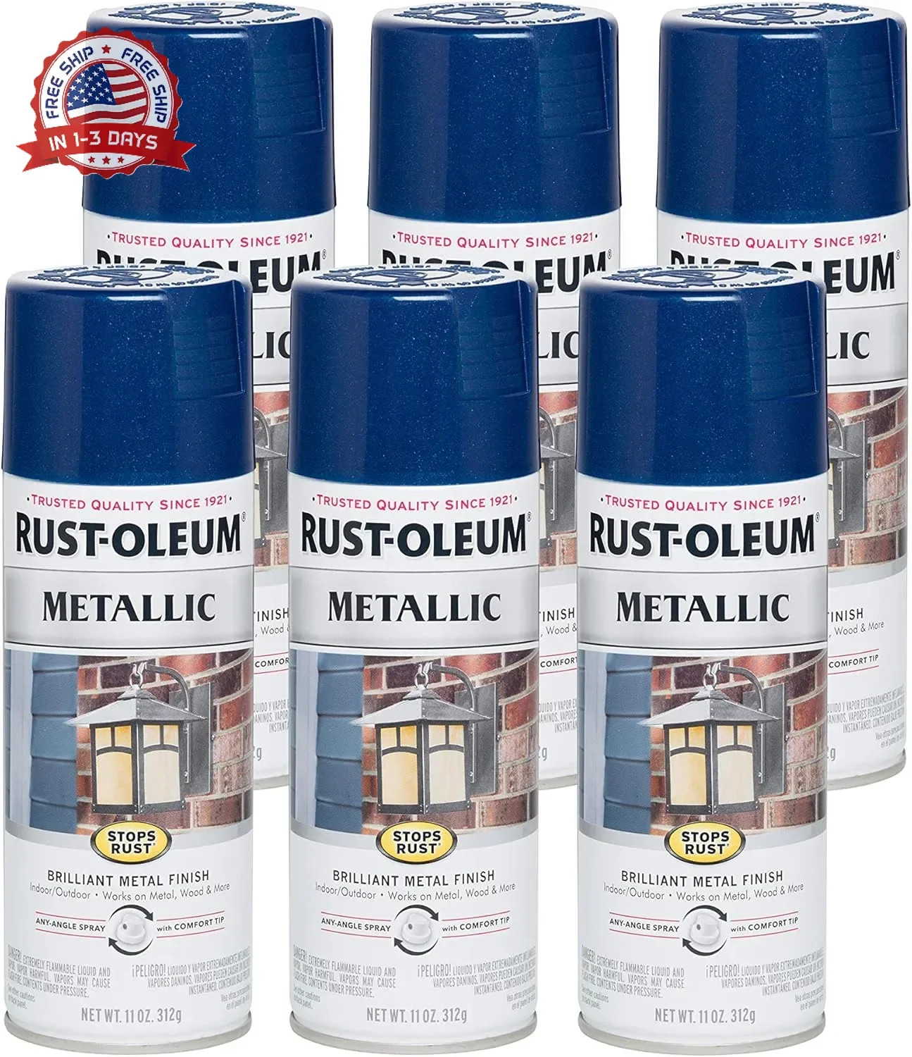 Rust-Oleum 7251830-6PK Stops Rust Metallic Spray Paint, 11 oz, Cobalt Blue, 6 Pa