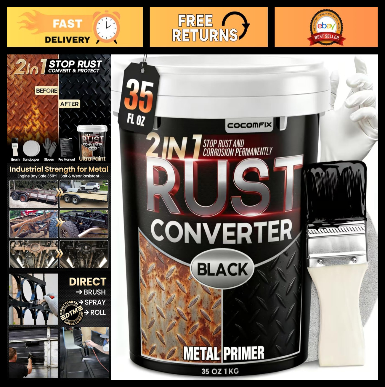 2-in-1 Rust Converter & Metal Primer, 35 oz Heat-Stable Rust Reformer, Matte Bla