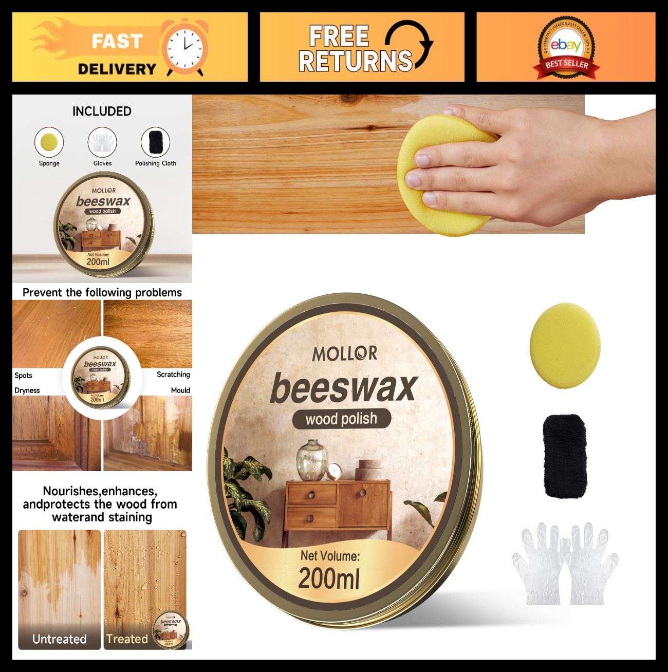 Natural Beeswax Furniture Polish & Restorer – Wood Conditioner, 200g + Sponge