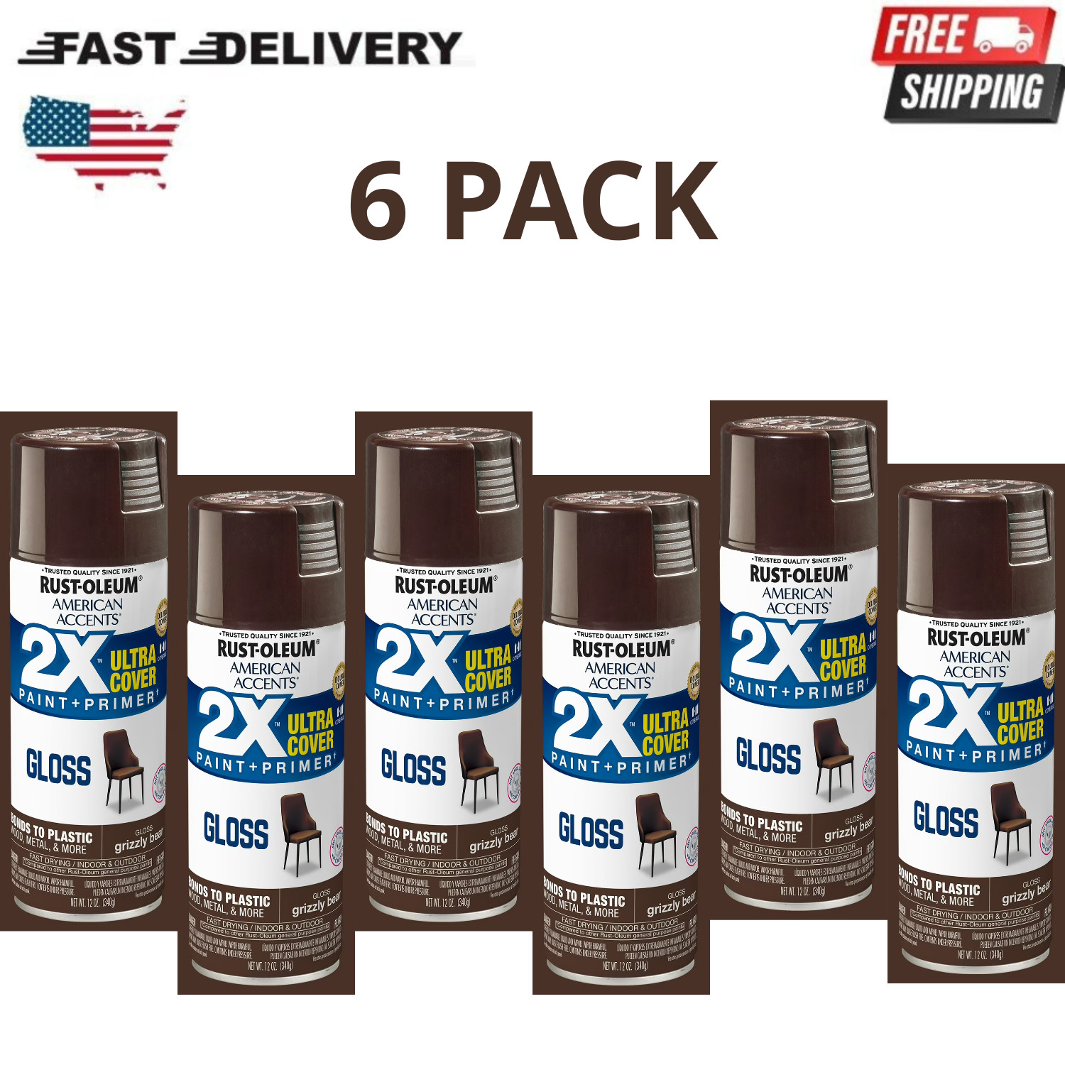 Rust-Oleum American Accents 2X Gloss Spray Paint Grizzly Bear 12oz, 6 Pack