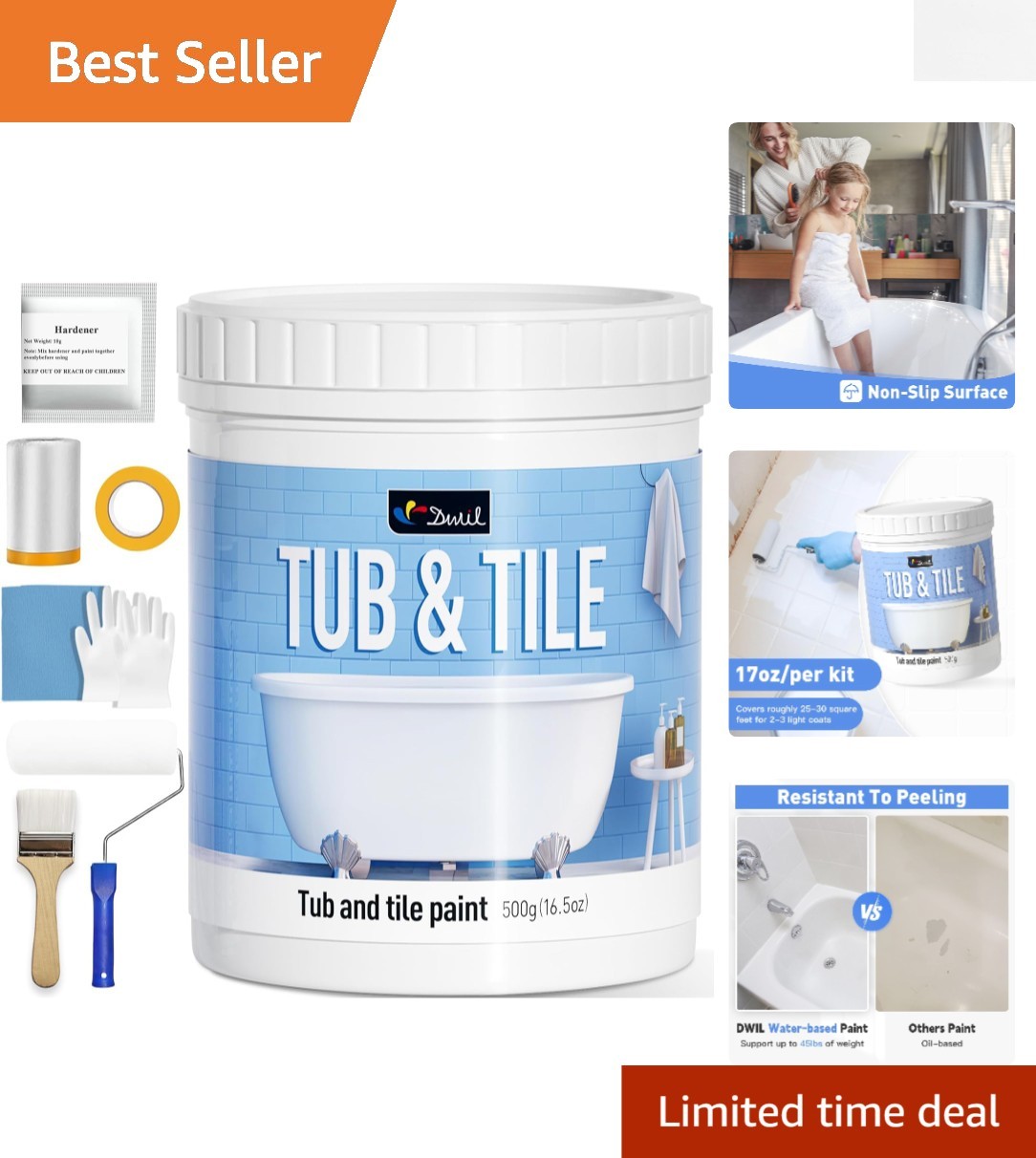 Versatile Bathtub and Tile Paint, Low Odor, 16.5oz – Perfect for DIY Renovations