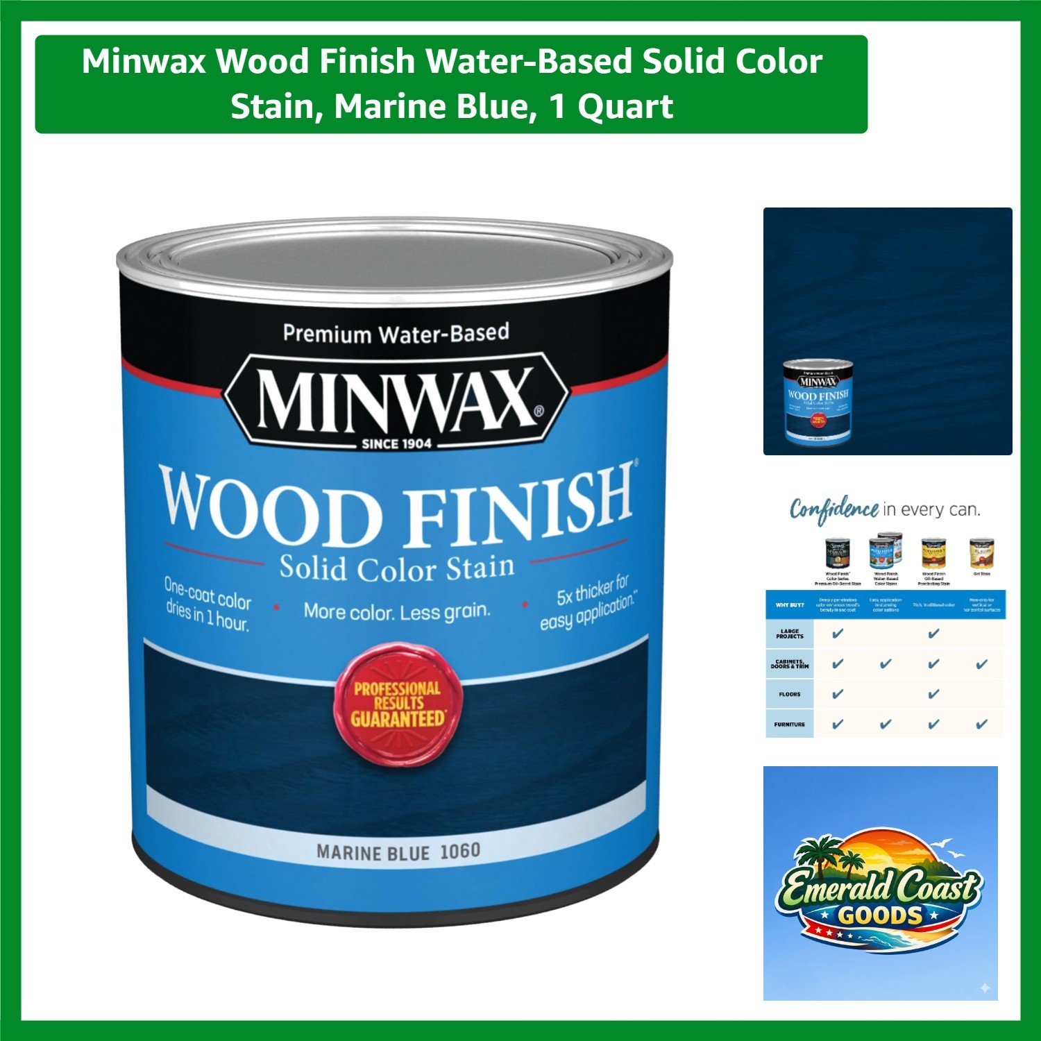 Wood Finish Water-Based Solid Color Stain, Marine Blue, 1 Quart