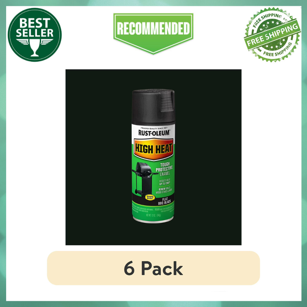 (6 pack) Bar-B-Que Black, Rust-Oleum High Heat Flat Spray Paint-7778830, 12 oz