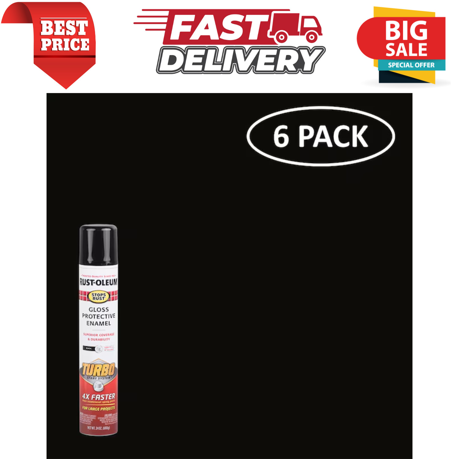 6 PK Rust Oleum Gloss Black Turbo Protective Enamel Spray Paint Stops Rust 24 oz