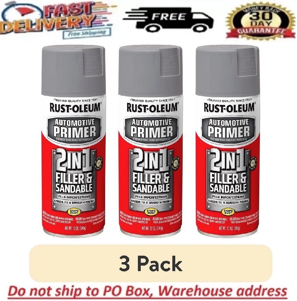 3 Pack Rust-Oleum Automotive 2 in 1 Filler Sandable Primer Spray Paint 12oz Gray