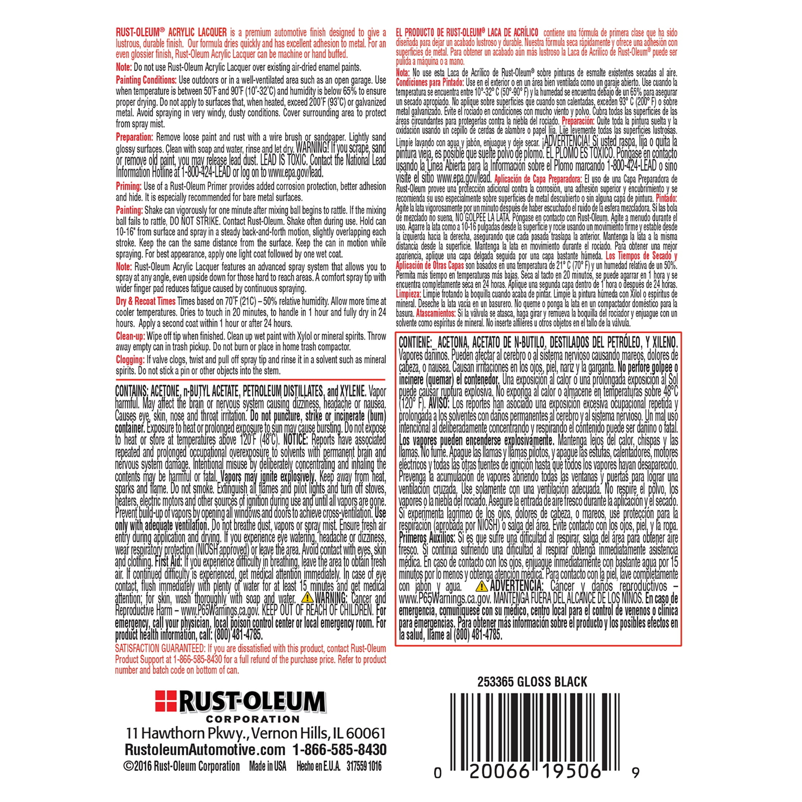 Black, Automotive Gloss Acrylic Lacquer Spray Paint-253365, 12 Oz