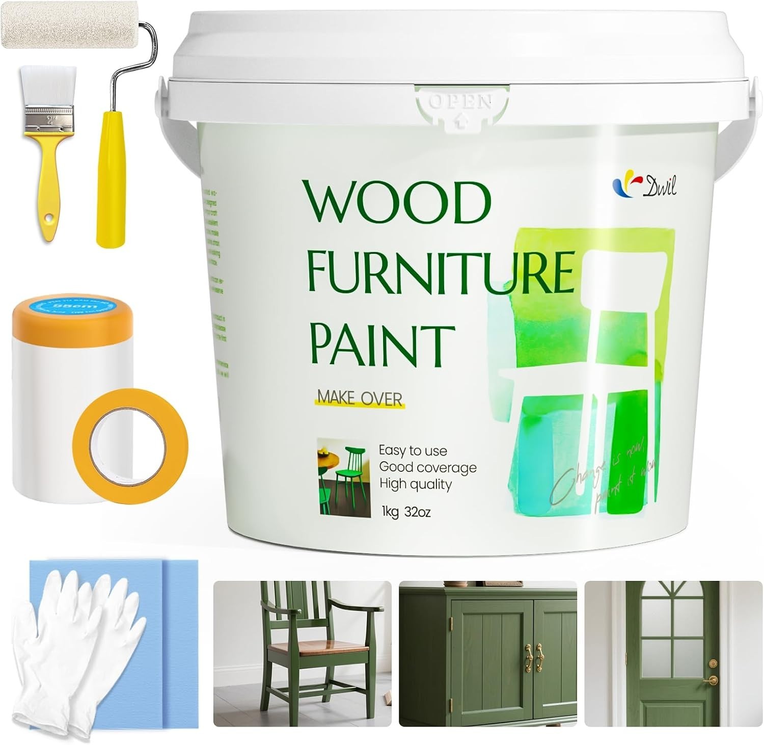DWIL Matte Wood Paint for Furniture With Tools (Olive Green)-32oz Water Based