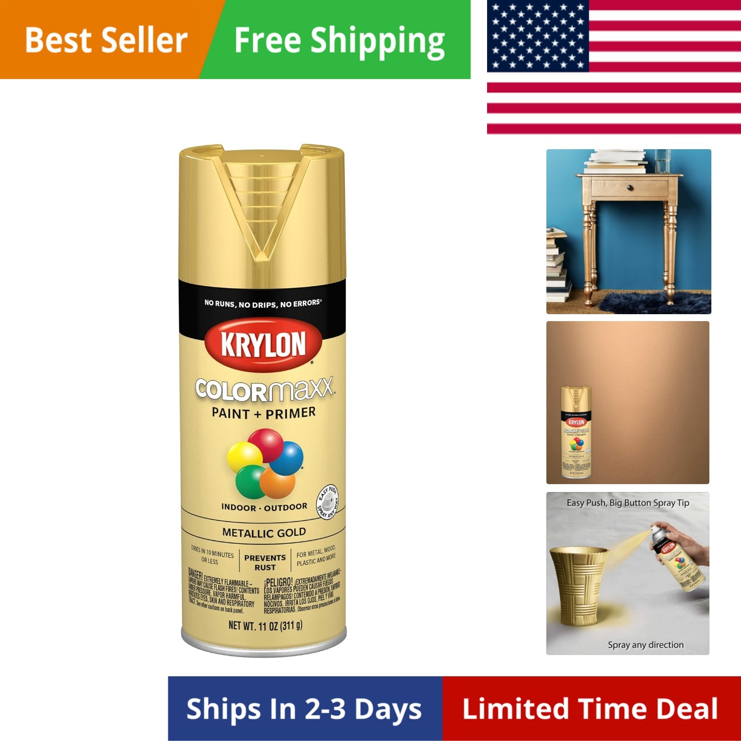 K05588007 COLORmaxx Spray Paint and Primer for Indoor/Outdoor Use, Metallic G…