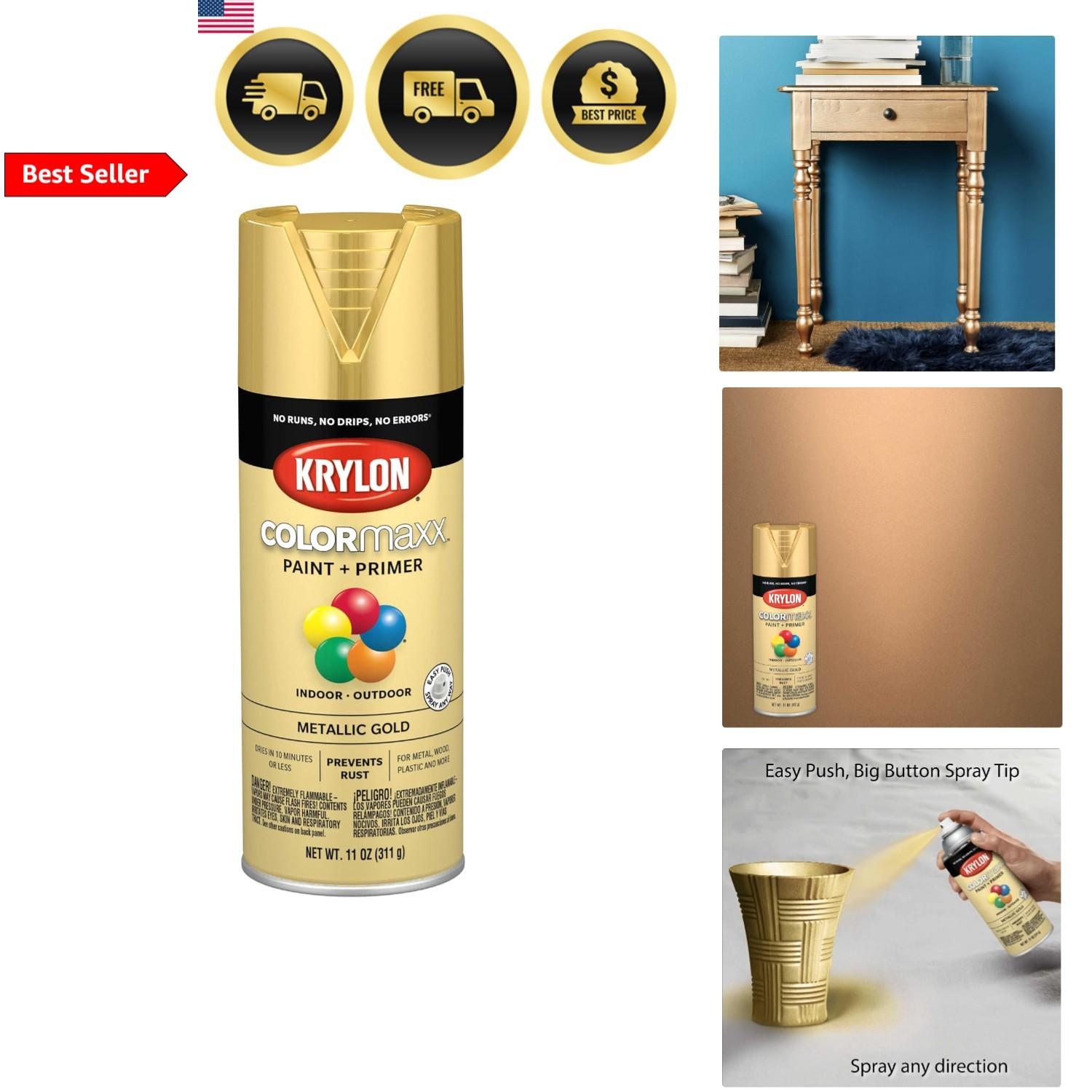 Metallic Gold Spray Paint for Indoor Outdoor Use 11 Ounce Aerosol