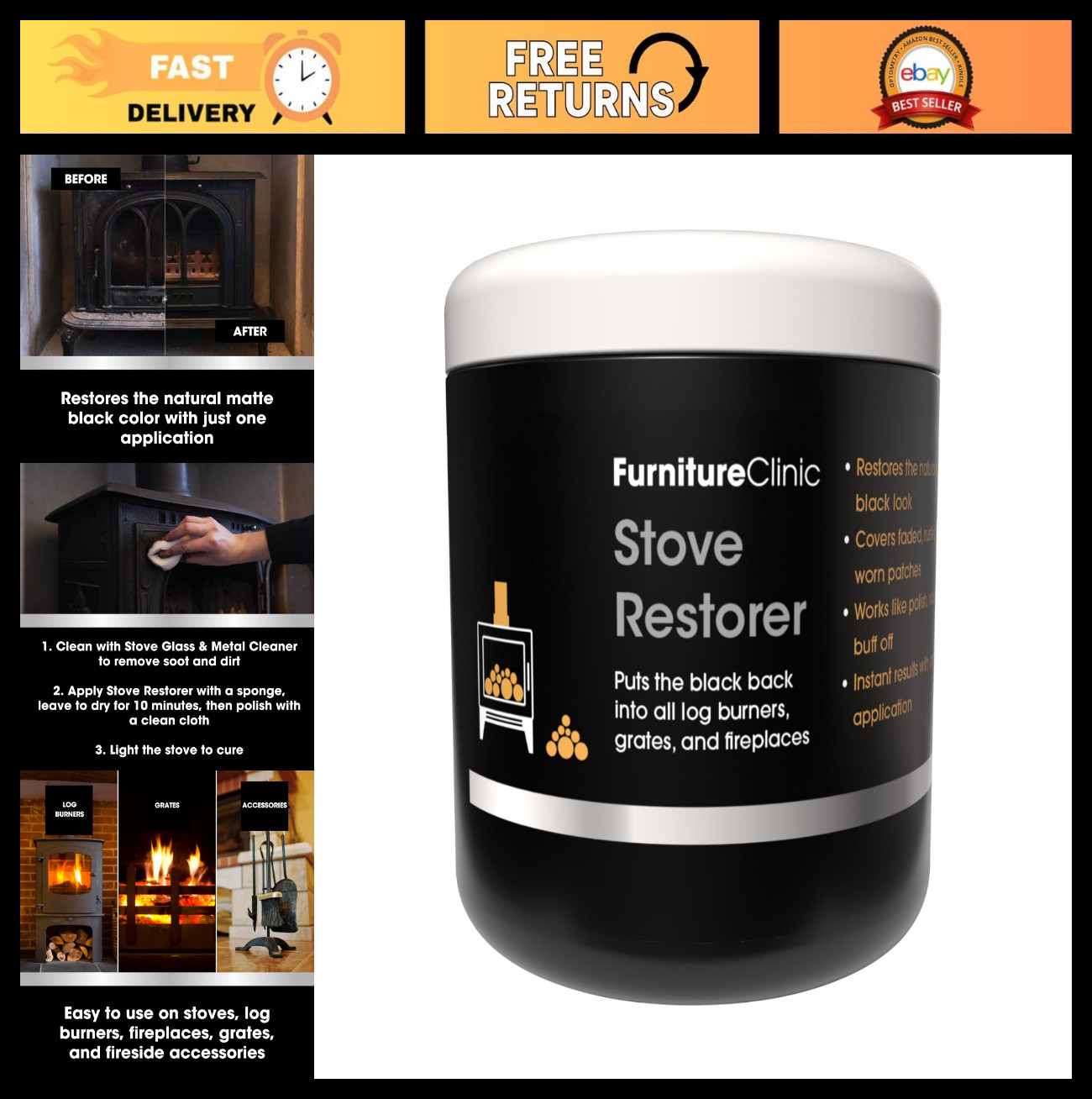 High Heat Matte Black Stove Restorer Paint | Protects Cast Iron | 8.5oz for Fire