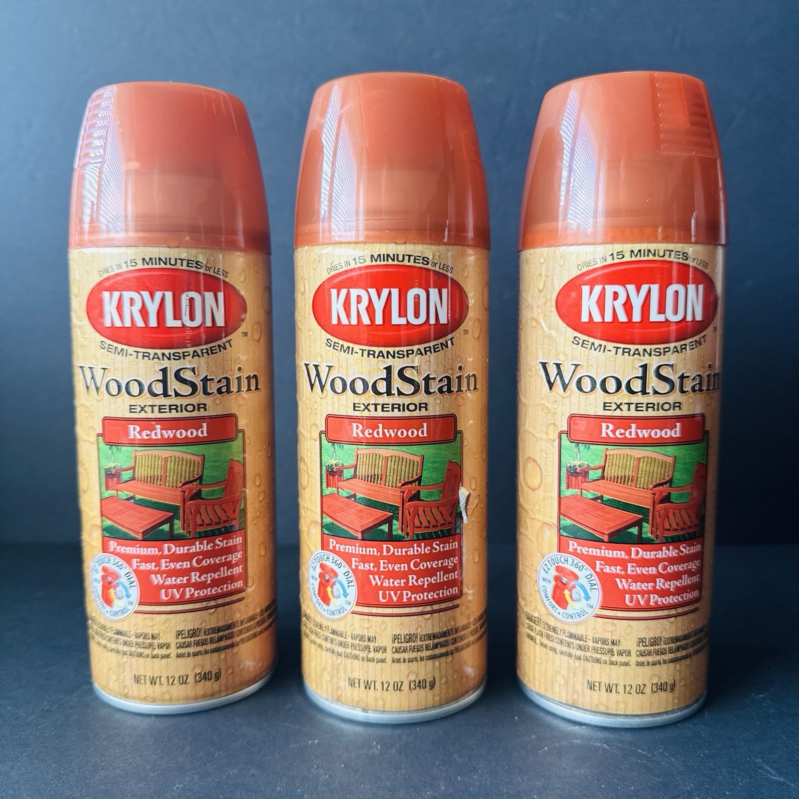 3x Krylon Wood Stain REDWOOD Exterior Semi-Transparent Repellent Spray Paint NEW