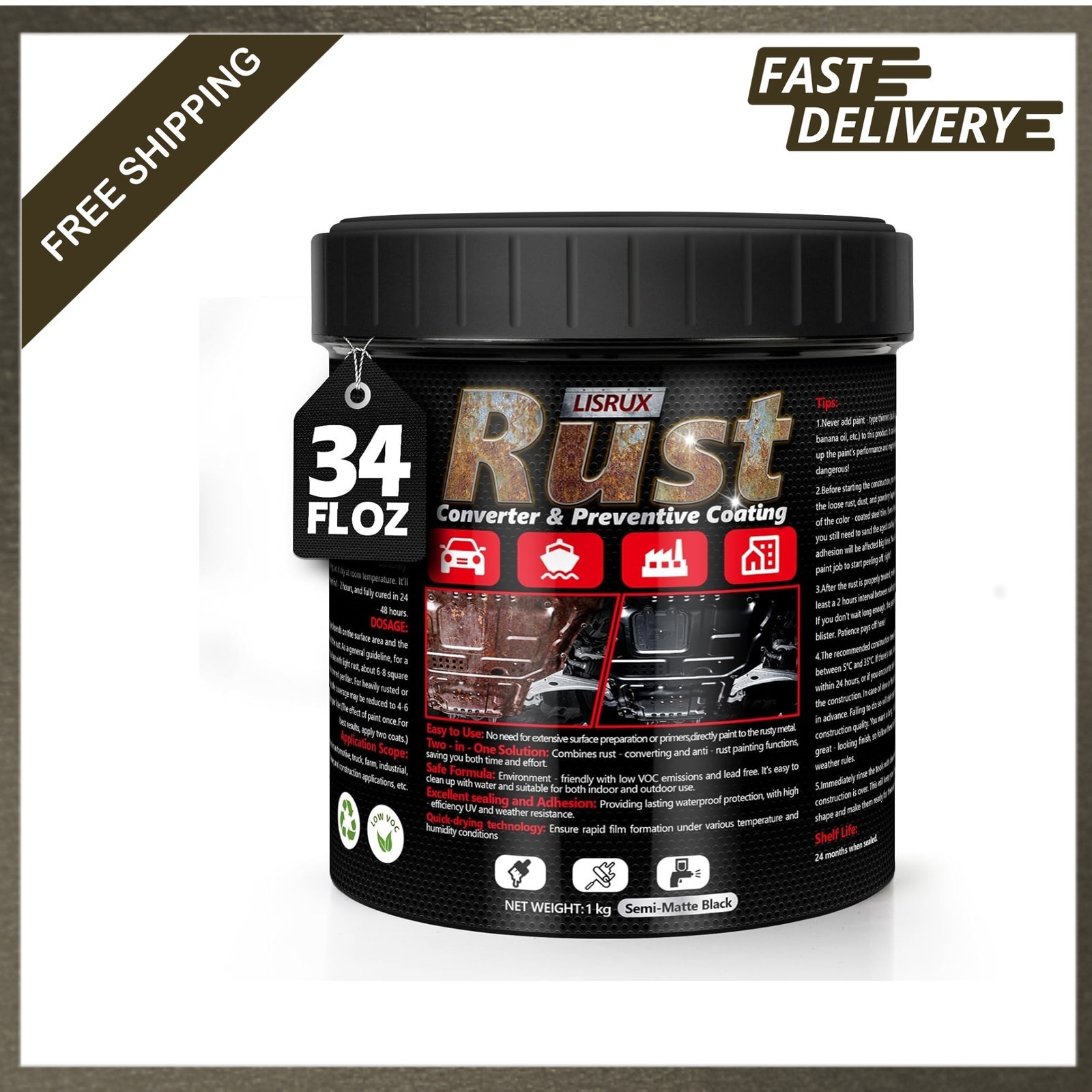 4-in-1 Rust Converter and Metal Primer 34 Fl Oz Black Rust Inhibitor Paint for