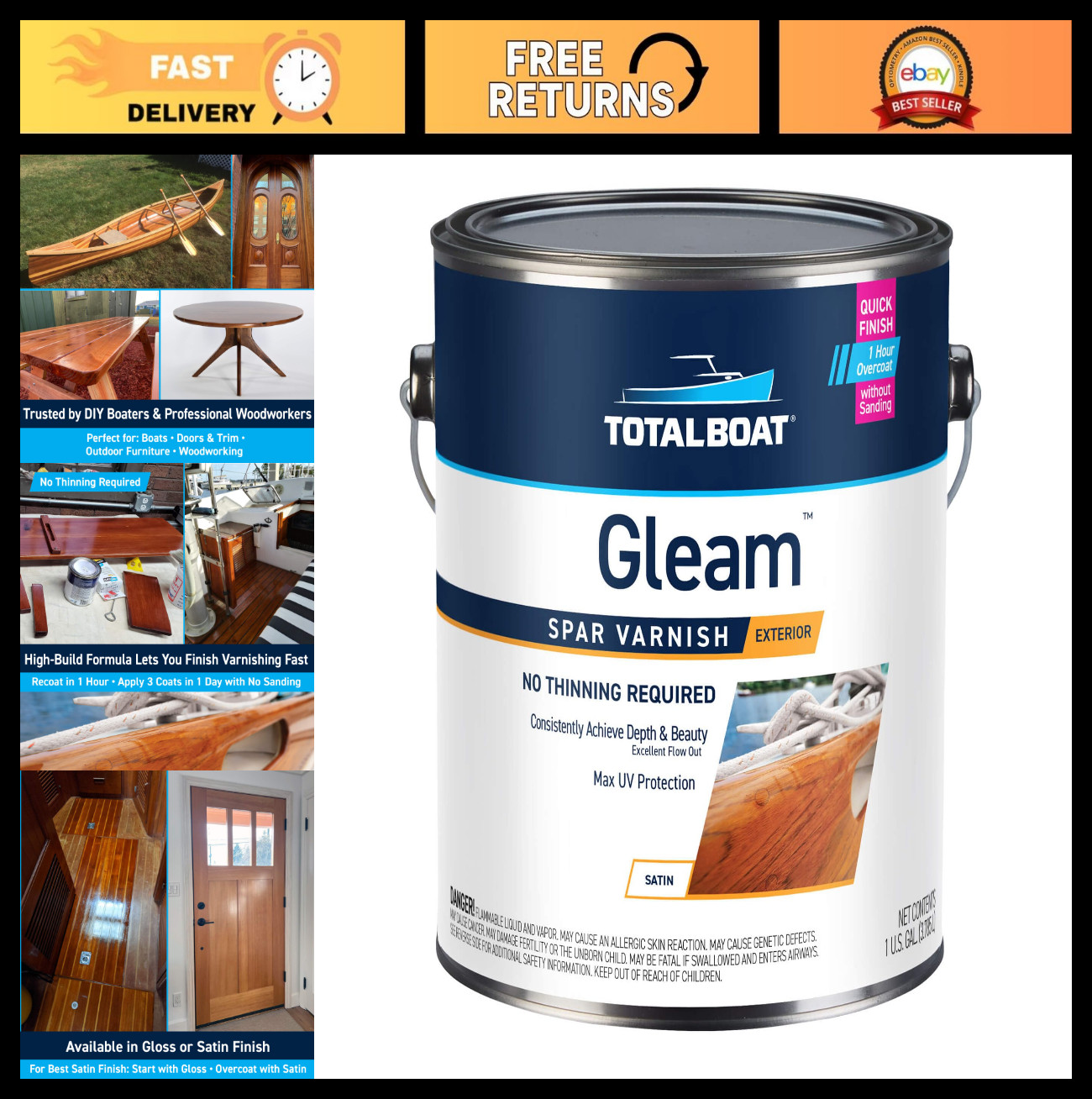Marine Spar Varnish Gloss & Satin Polyurethane Finish for Wood, Boats, Outdoor F