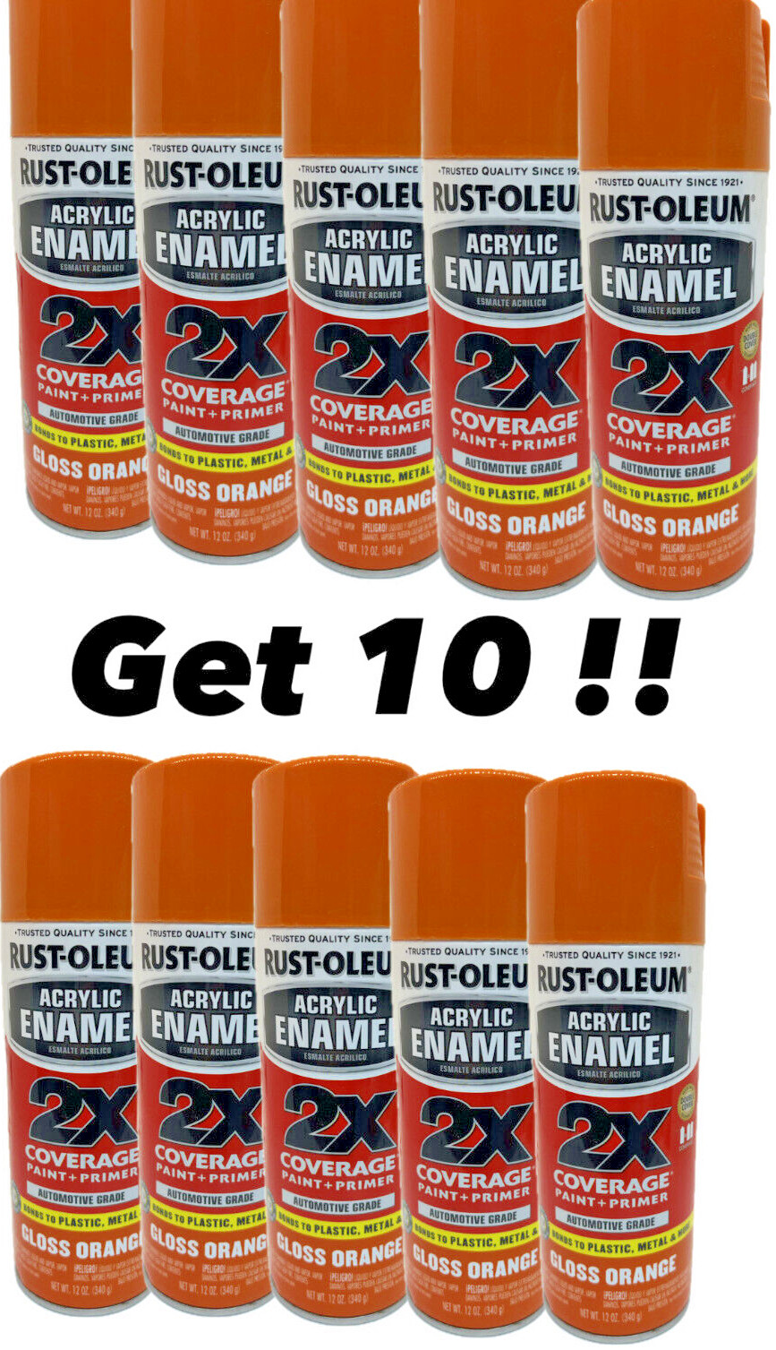 10x Rust-Oleum 271921 Acrylic Enamel 2X Spray Paint, Gloss Orange, 12 oz Each