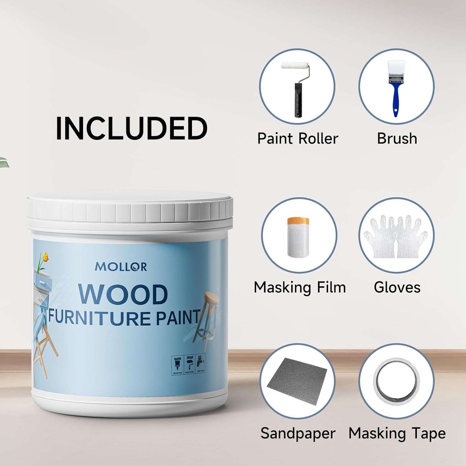 Pintura para madera de acabado mate de 16oz para muebles blanca con herramientas