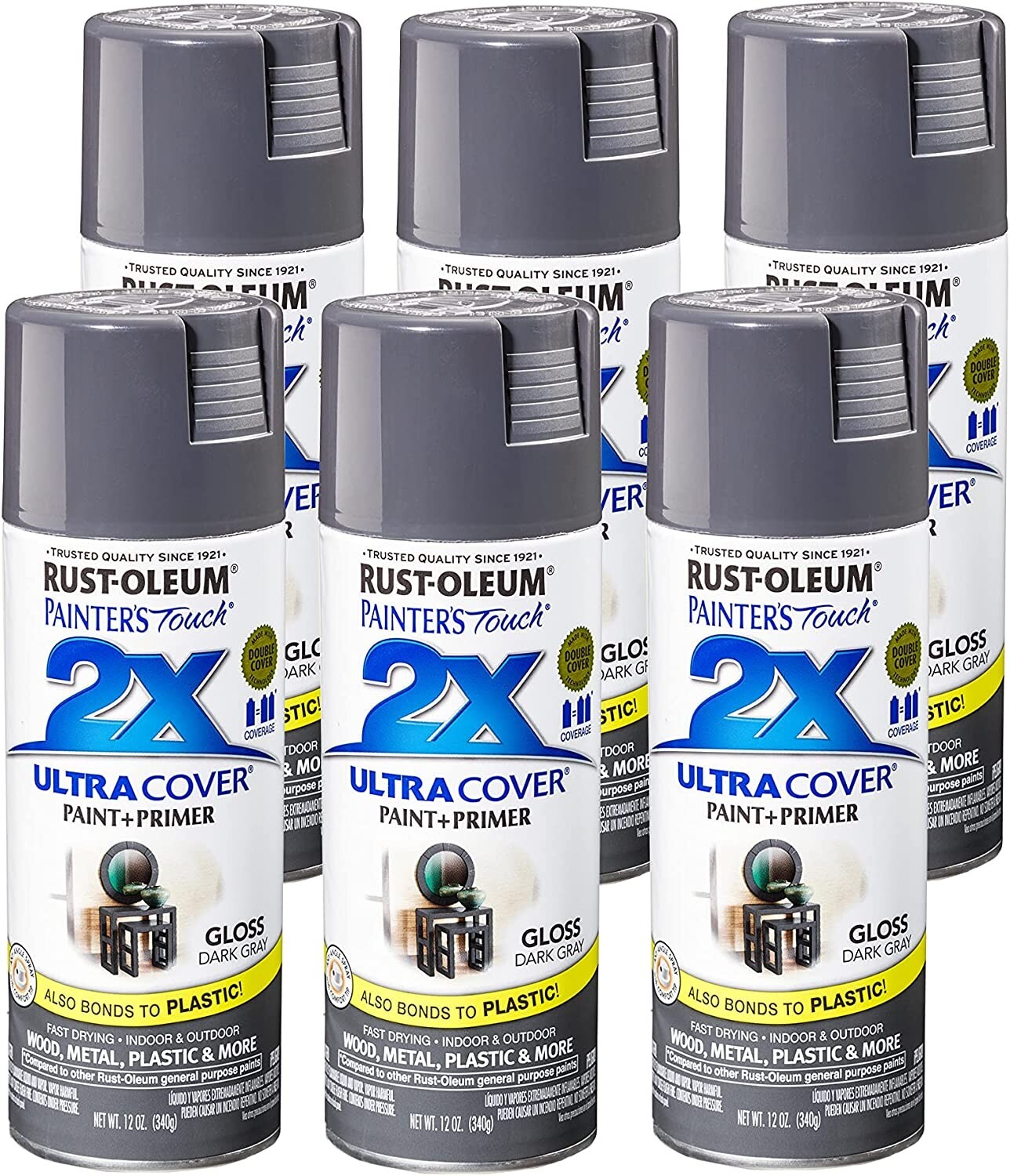 Rust-Oleum 249115 Painters Touch 2X Ultra Cover 12 Ounce Gloss Dark Gray 6 Pack
