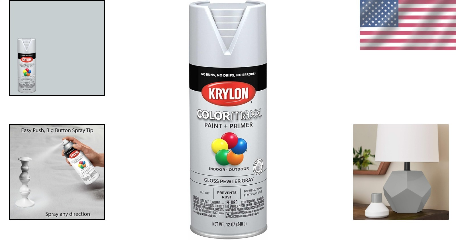 Durable Gloss Pewter Gray Spray Paint Primer Krylon COLORmaxx 12 Oz Fast Drying