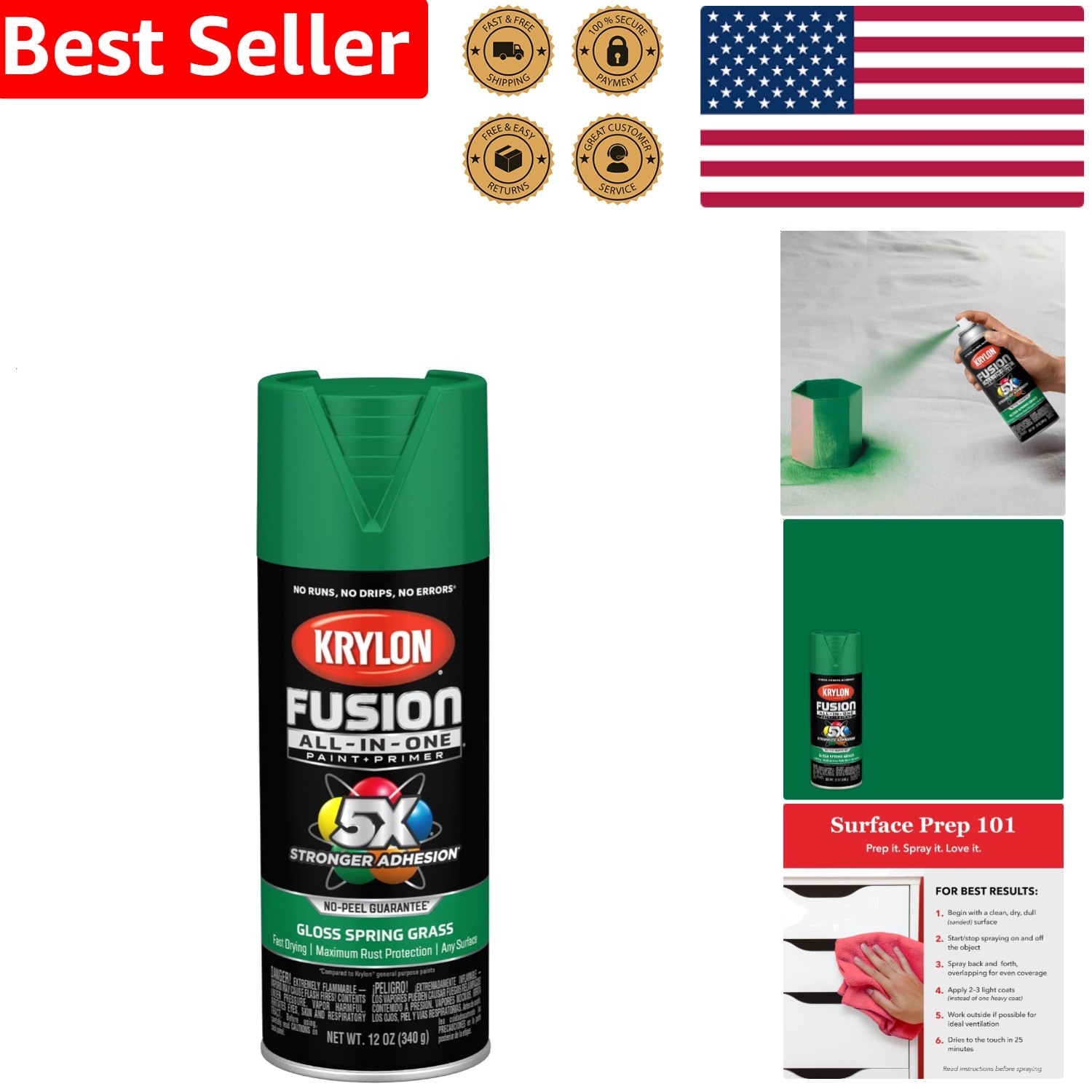 Fusion 12oz All-In-One Spray Paint Gloss Spring Grass Rust Protection Adhesion