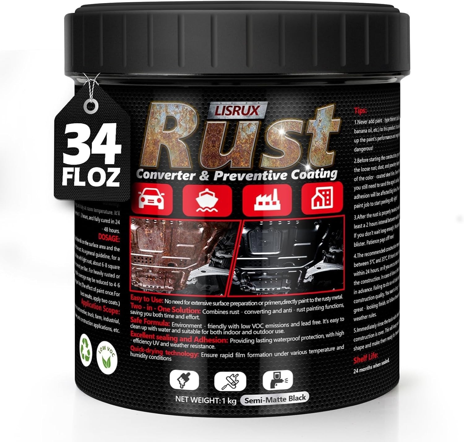 Semi-Gloss Black Rust Converter, 34 Fl Oz – Easy Apply & Clean Water-Based Paint