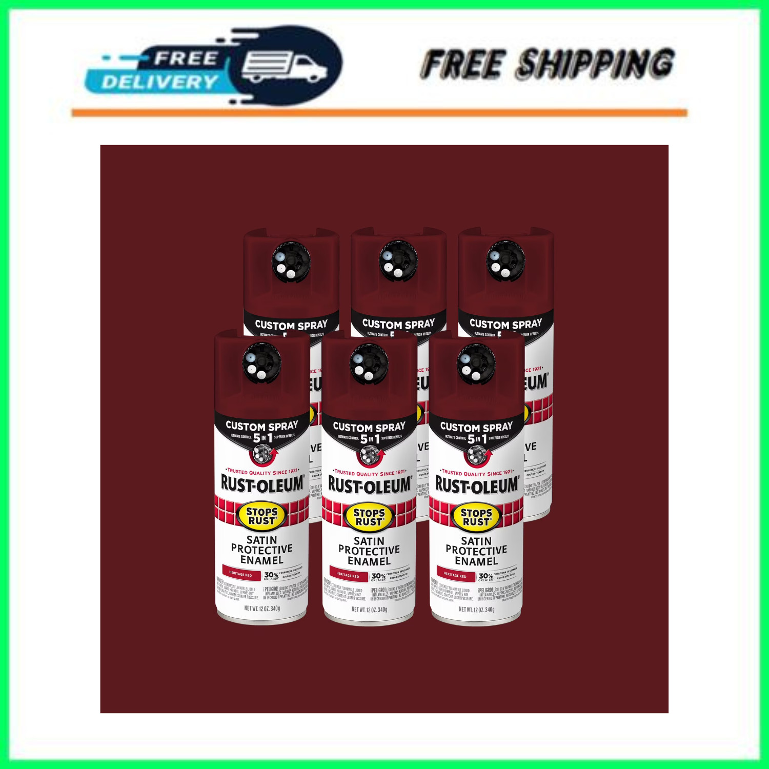 Rust-Oleum Stops Rust Custom Spray 5-in-1 Satin Heritage Red 12oz 6 Pack