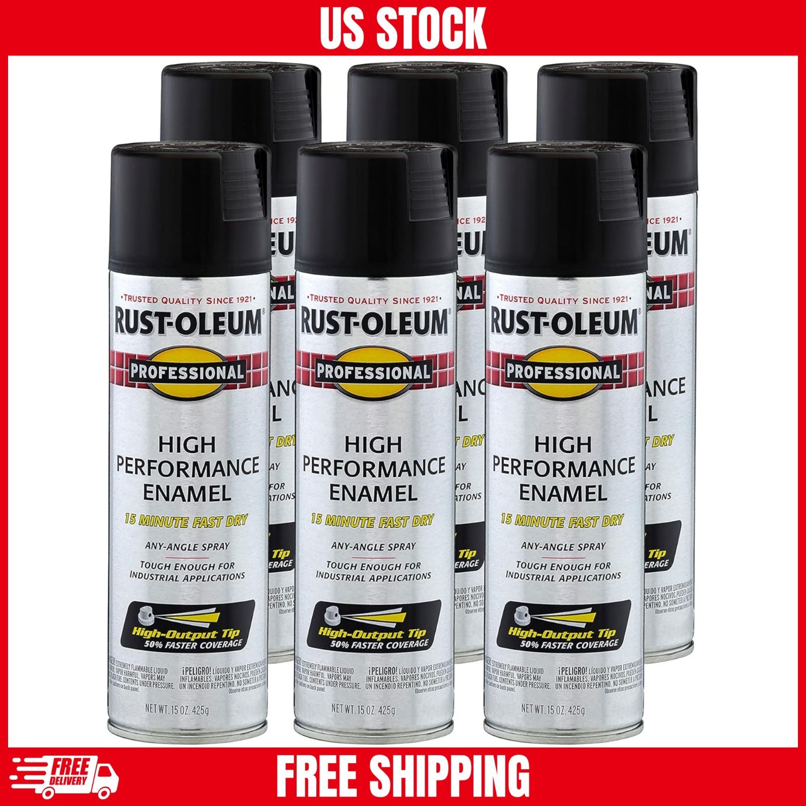 Professional High Performance Enamel Spray Paint, 15 Oz, Flat Black, 6 Pack NEW