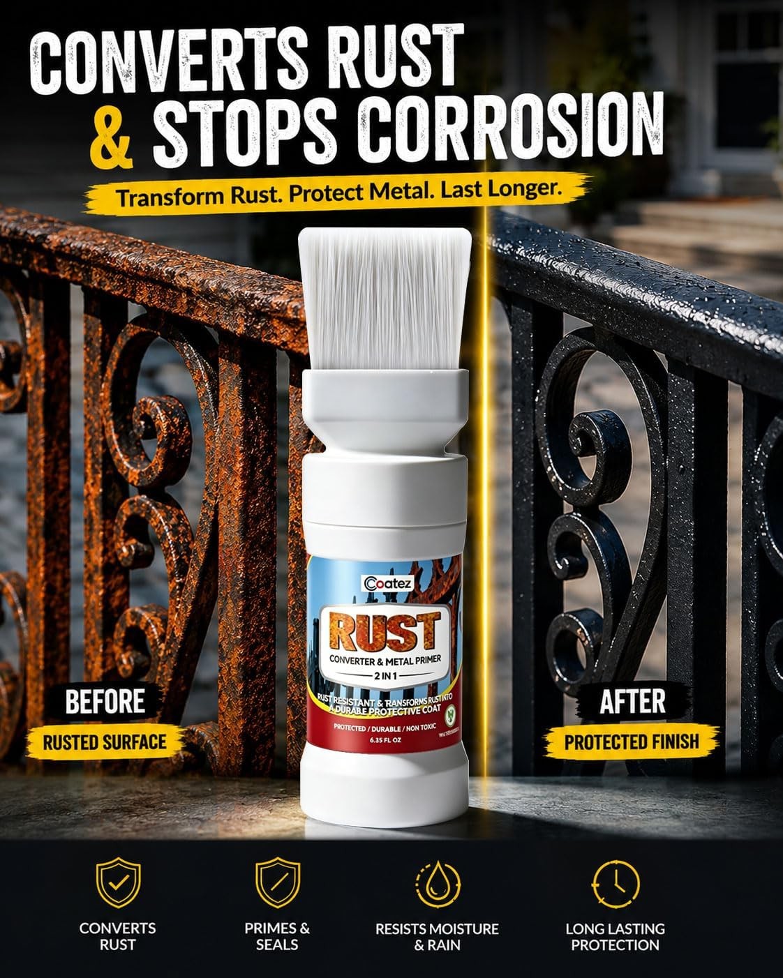 2-in-1 Rust Converter & Metal Primer with Built-In Brush, Water-Based Rust Tr…