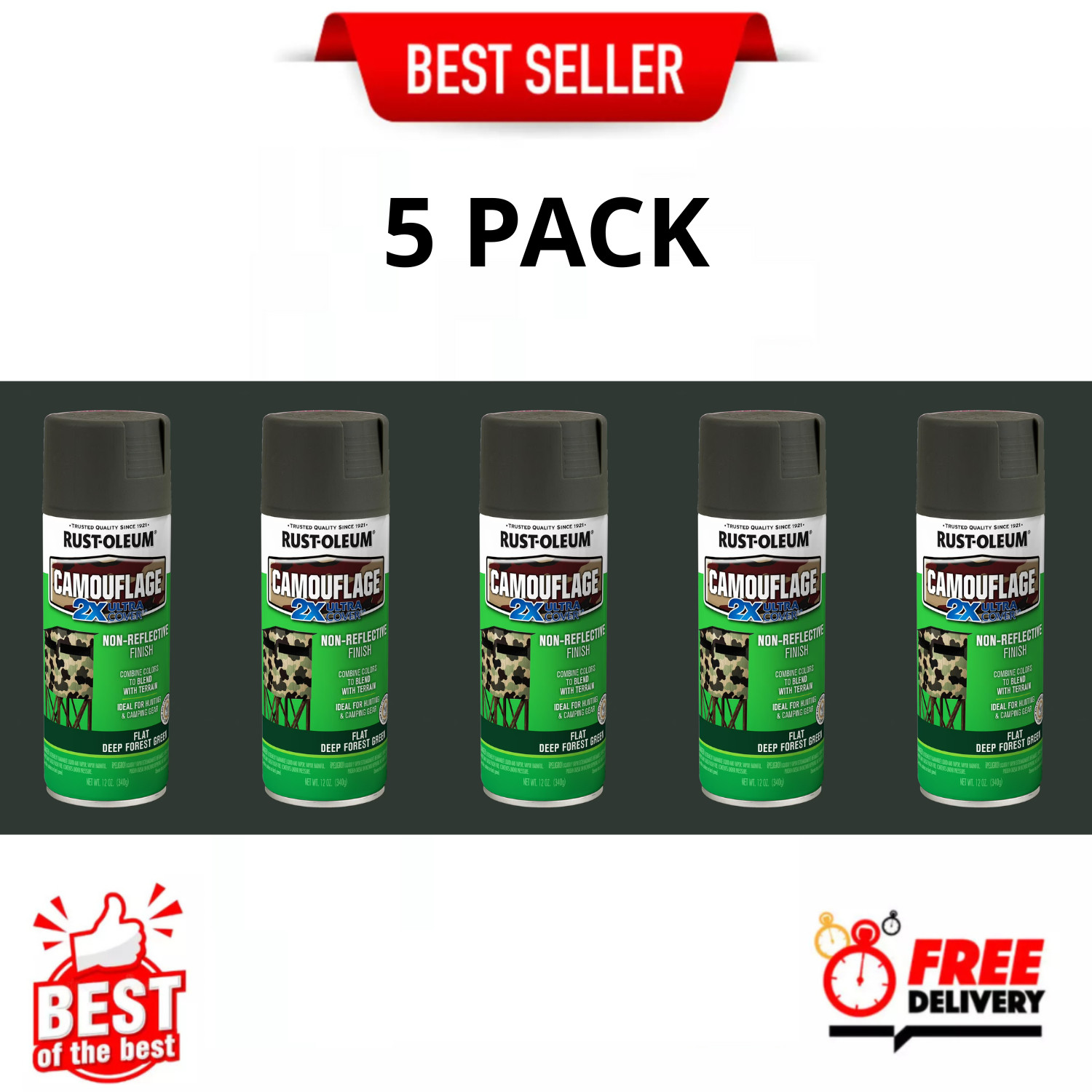 Rust-Oleum Camouflage 2X Ultra Cover Spray Paint Deep Forest Green 12 oz, 5 Pack