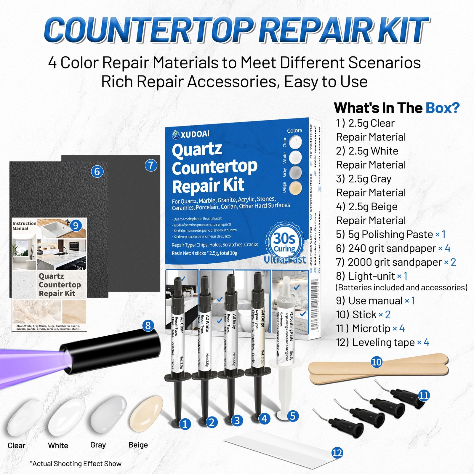 Quartz Countertop Repair 0.35 Fl Oz (Pack of 1), Clear, White, Gray, Beige