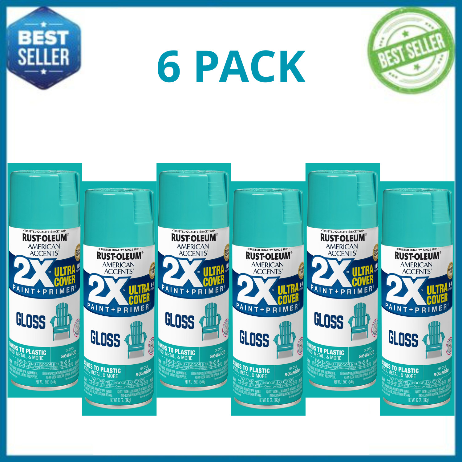 Rust-Oleum American Accents 2X Ultra Cover Gloss Spray Paint Seaside 12 oz, 6 PK