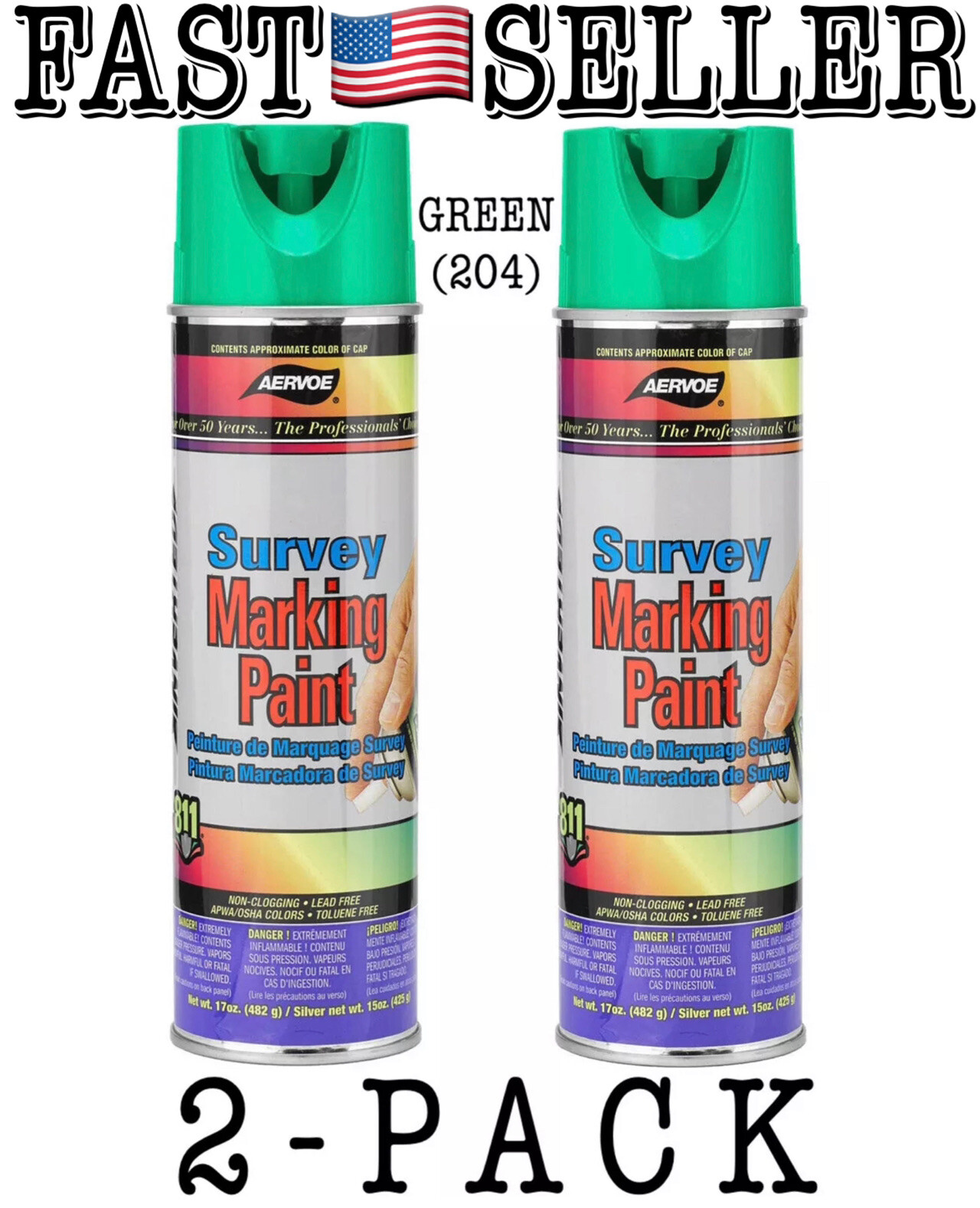 2-Pack Aervoe Inverted Tip Survey Marking Paint, Green 204, 17oz (482g) Each NEW
