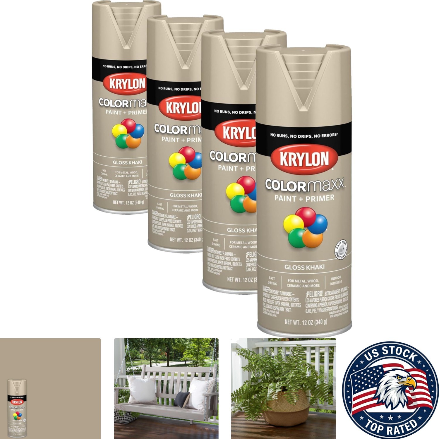 Krylon COLORmaxx Gloss Khaki Spray Paint – 12oz, Pack of 4 for DIY Projects