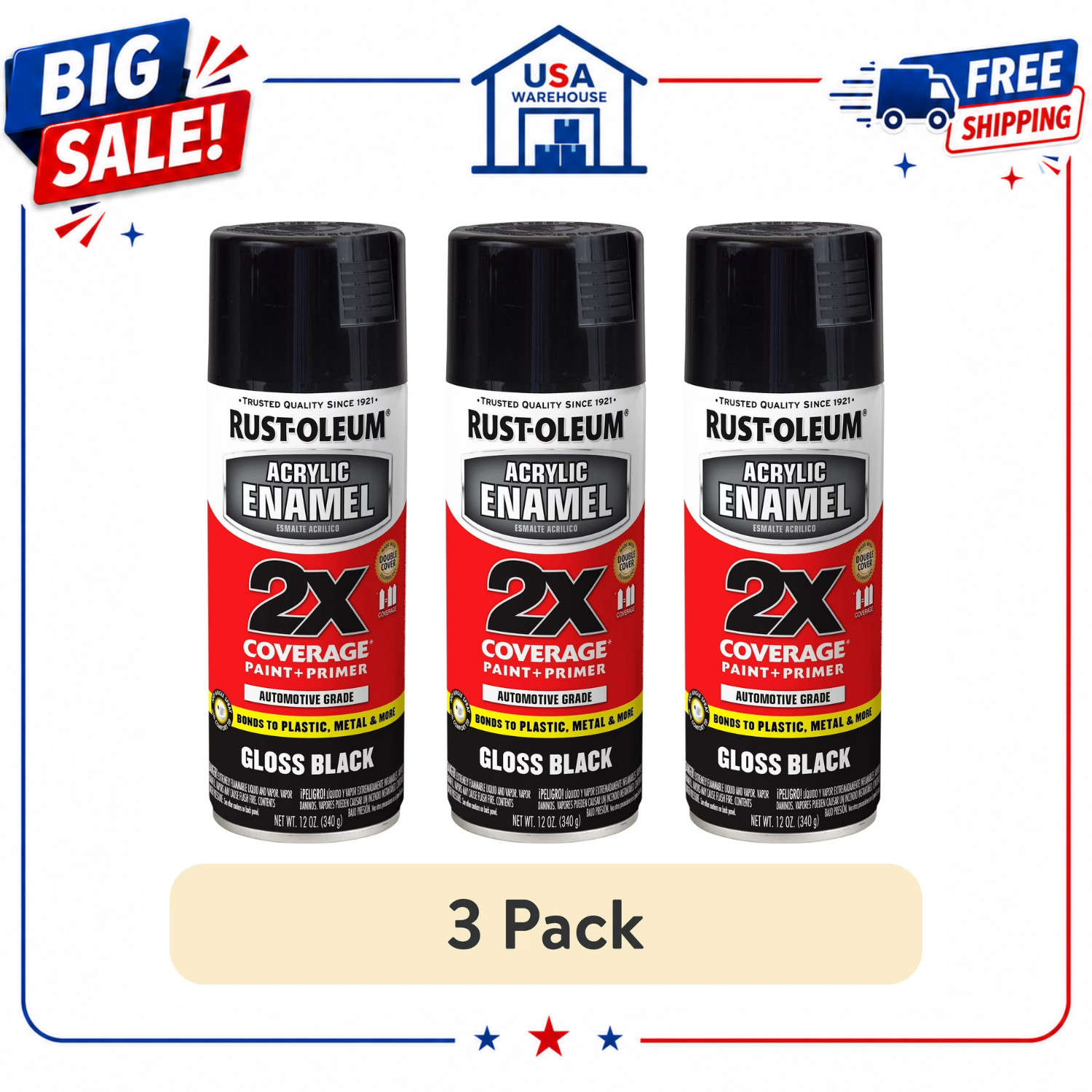 (3 Pack) Rust-Oleum Automotive Gloss Acrylic Enamel Spray Paint Black, 12 oz