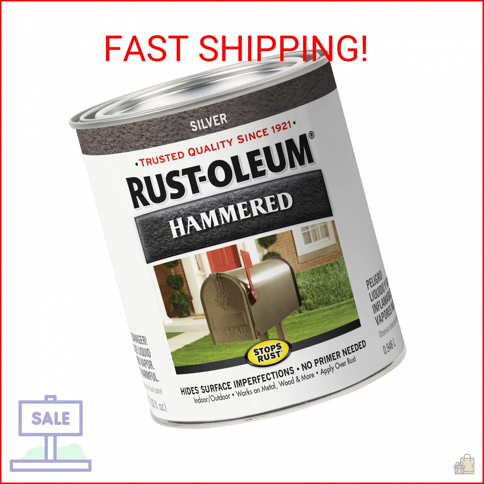 Rust-Oleum 7213502 Stops Rust Hammered Finish Paint, Quart, Silver