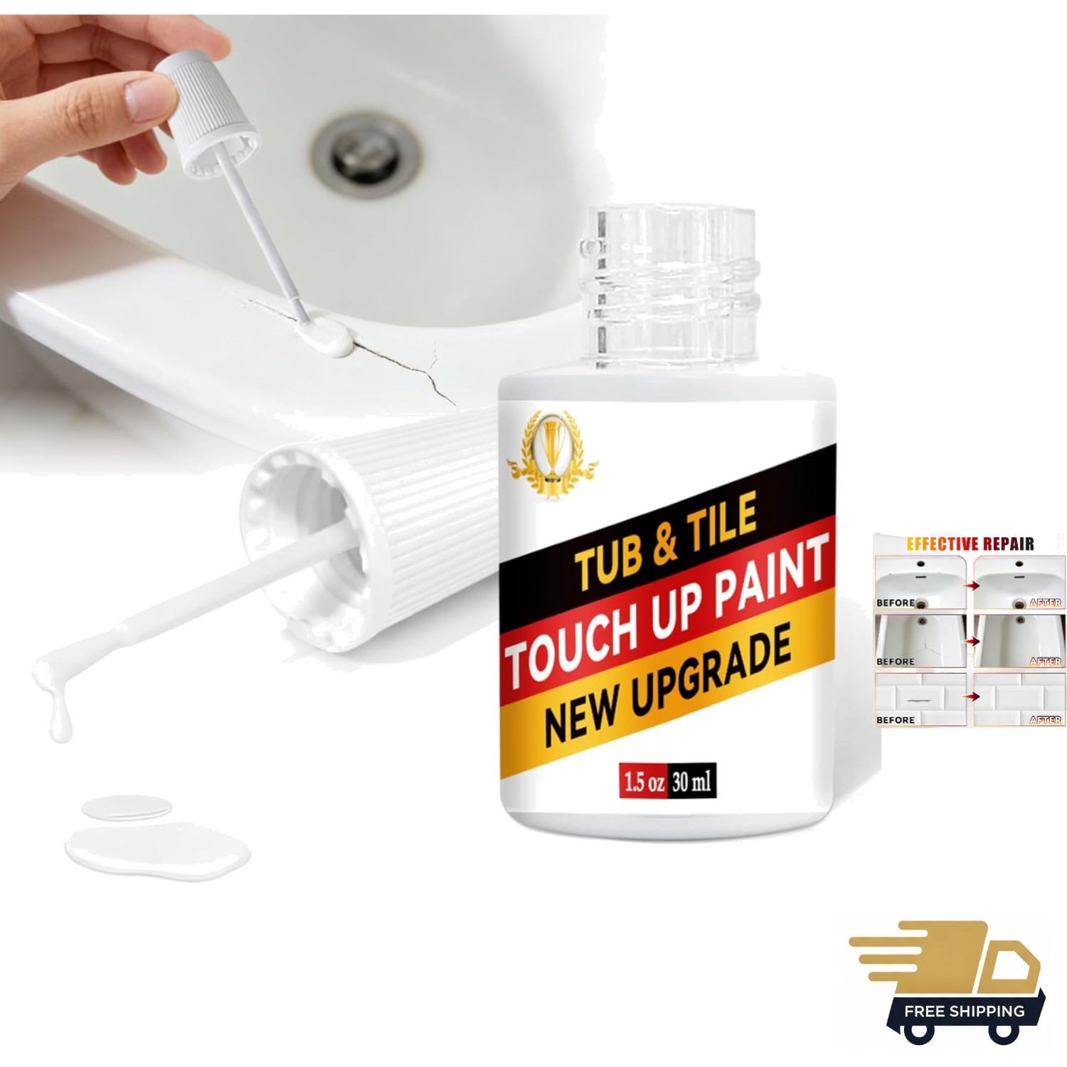 White Acrylic Touch-Up Paint Waterproof Semi-Gloss for Bathtubs Sinks Tiles